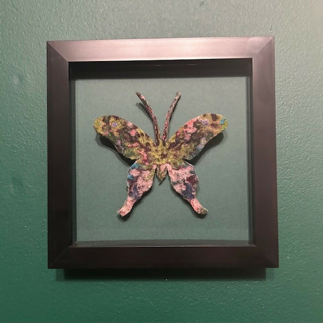 Lovely Multi Coloured Felt Butterfly Mounted In A Black Box Frame