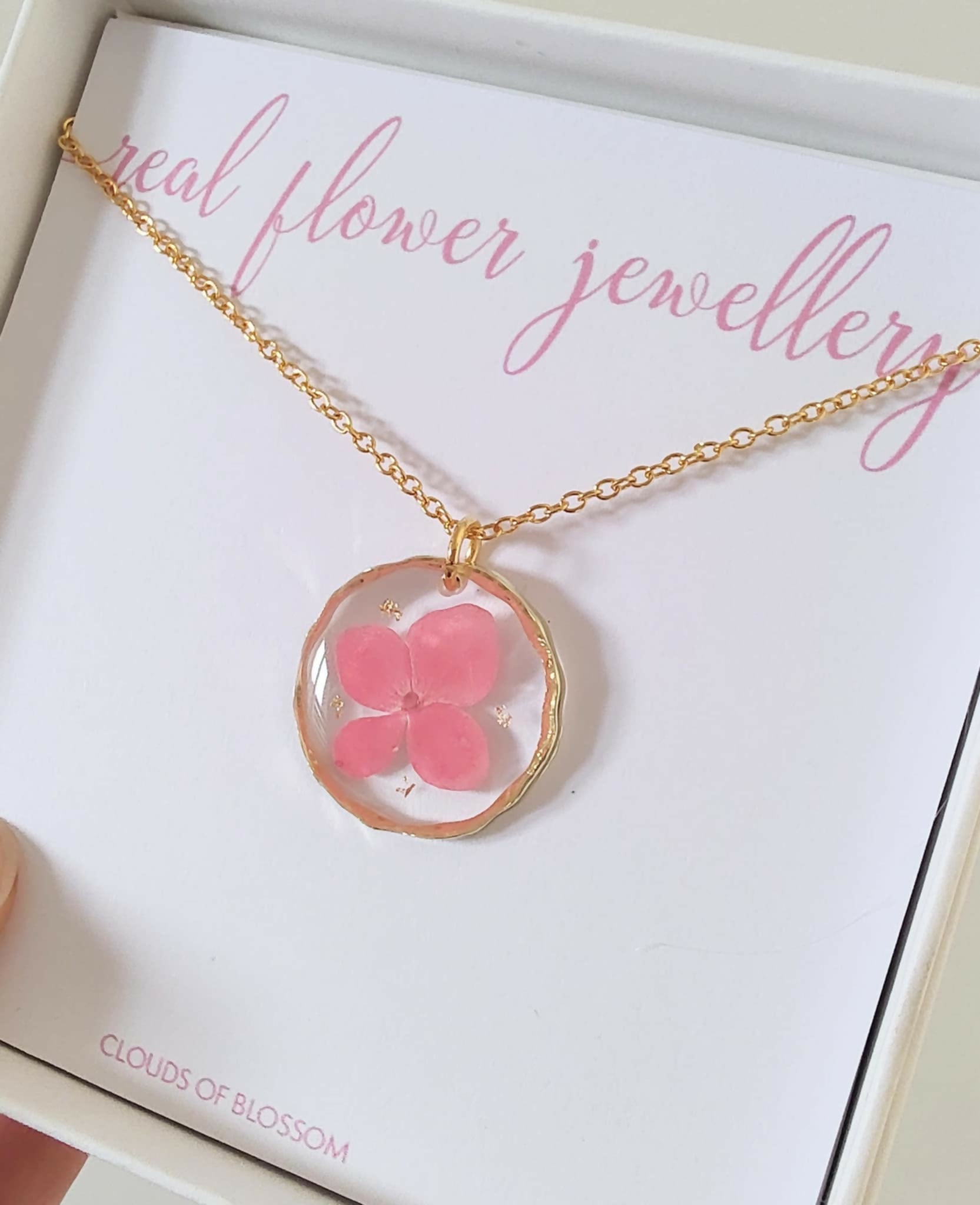 Real Flower Pink Hydrangea Necklace Gold Plated
