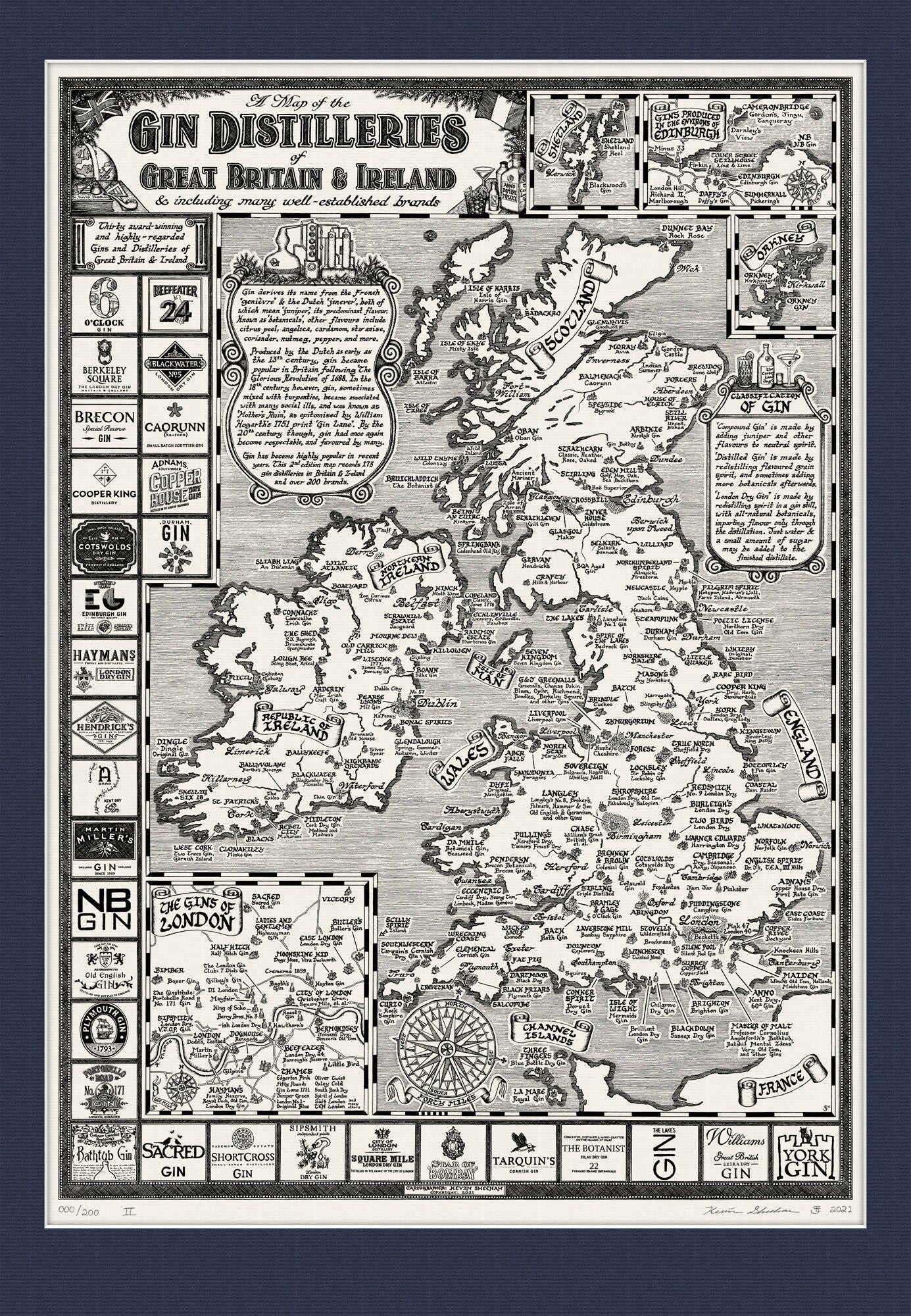 Gins of Britain & Ireland Map Hand Drawn Art Print