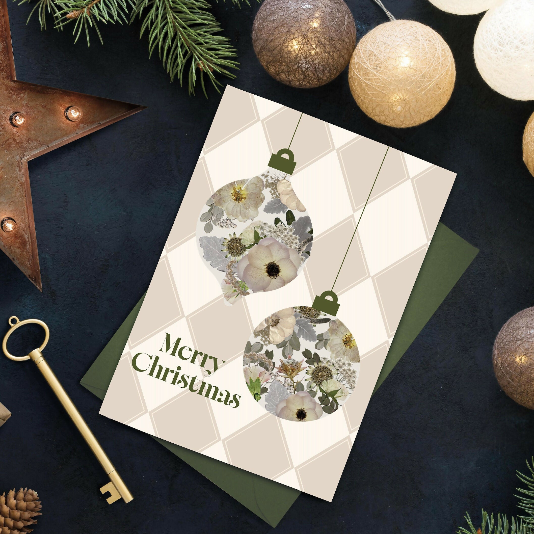 Pressed Flower Bauble Print Christmas Card