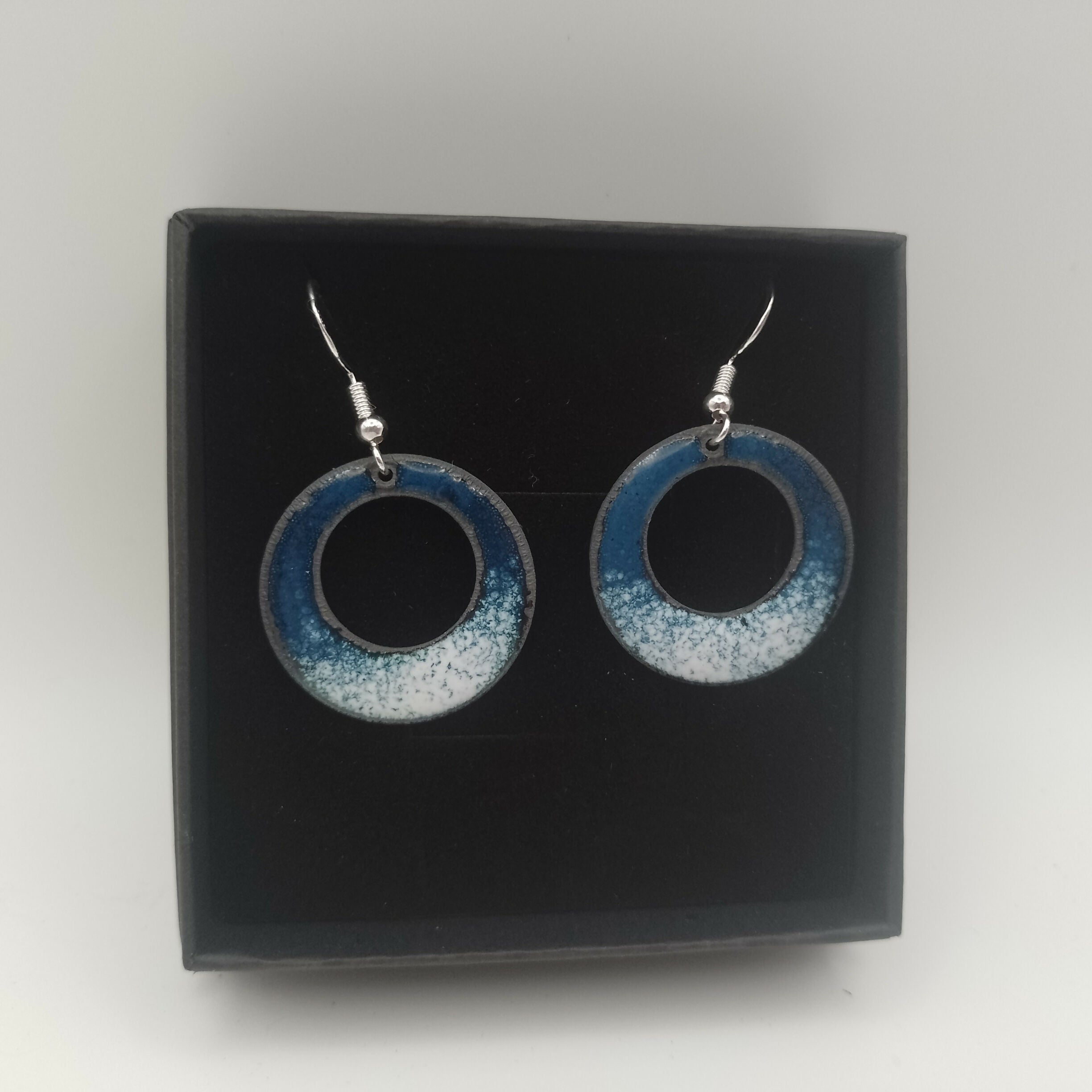 Dark Blue and White Enamel Hoop Earrrings