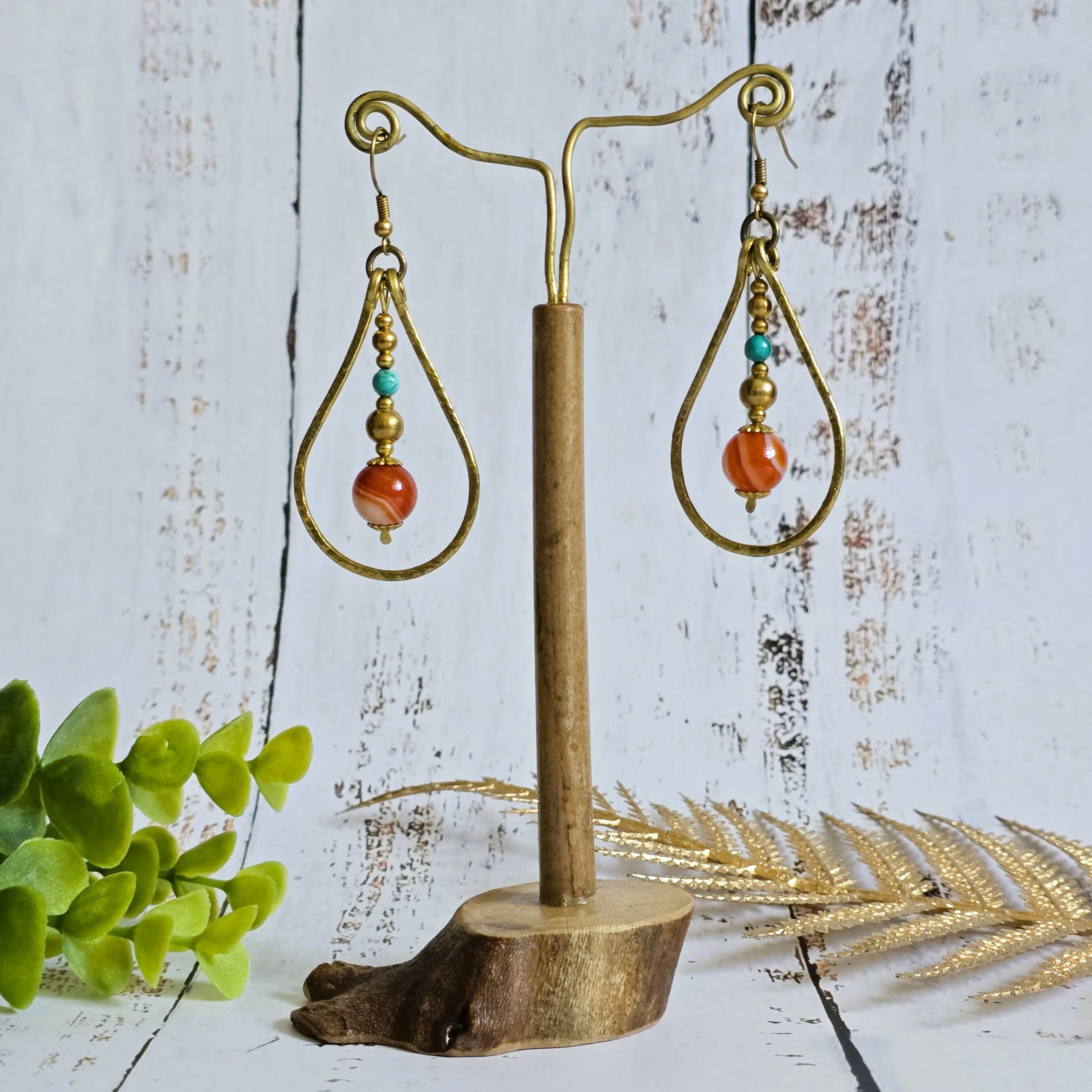 Gold Wire Crystal Earrings; Turquoise & Orange Agate Bohemian Teardrop Earrings