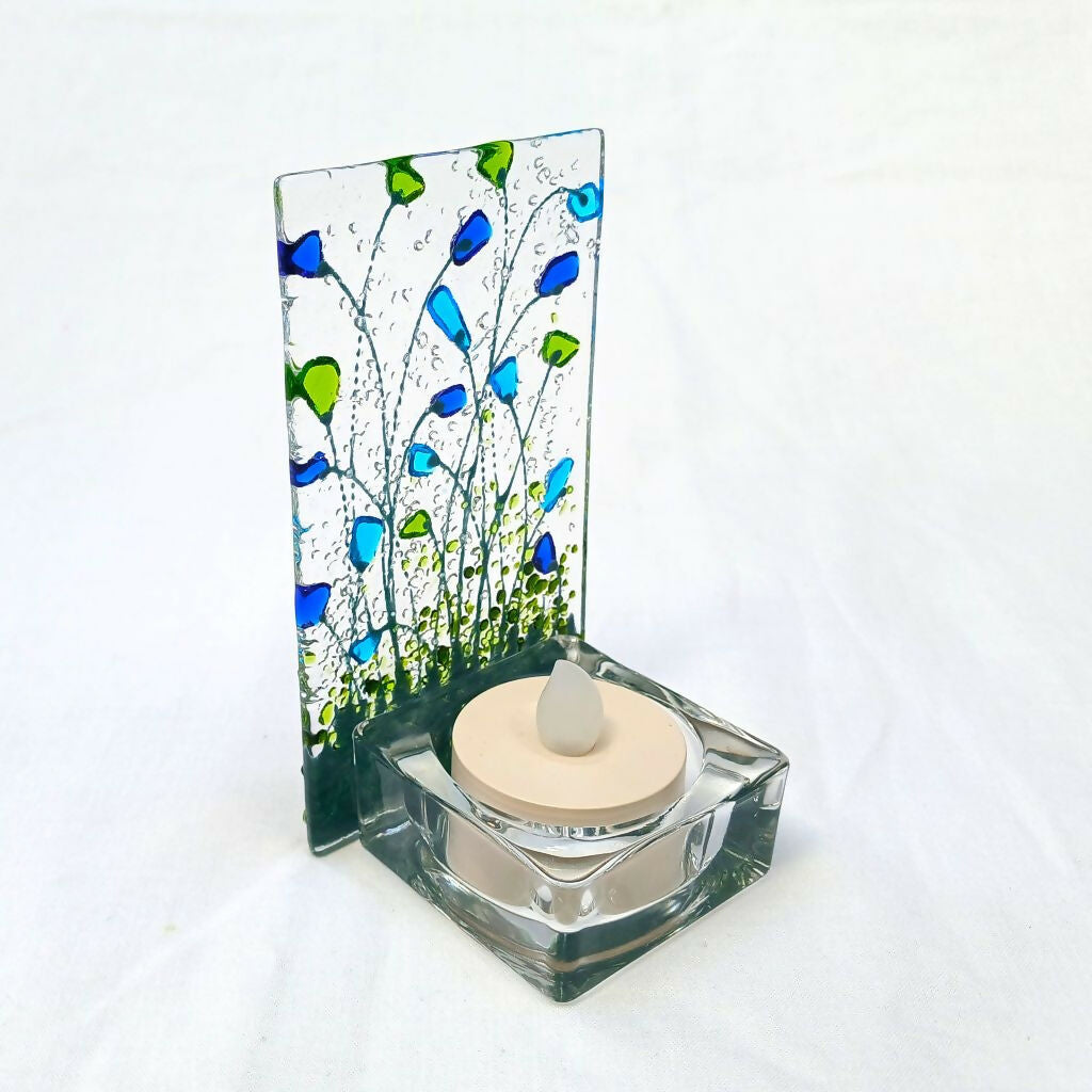 Handmade Fused Glass Tea Light Holder with Blue & Green Flowers