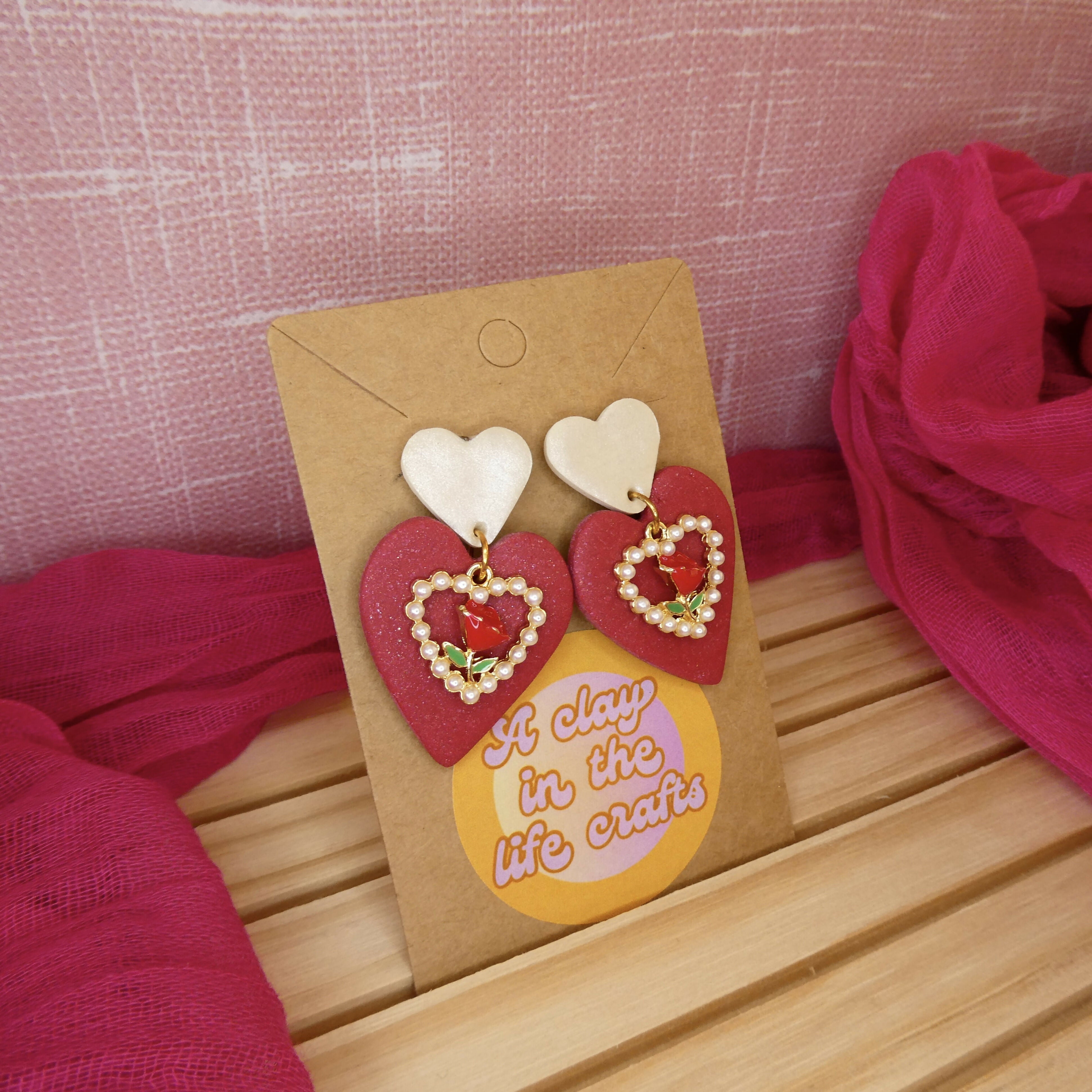 Red Heart Polymer Clay Earrings With Pearly Rose Charm