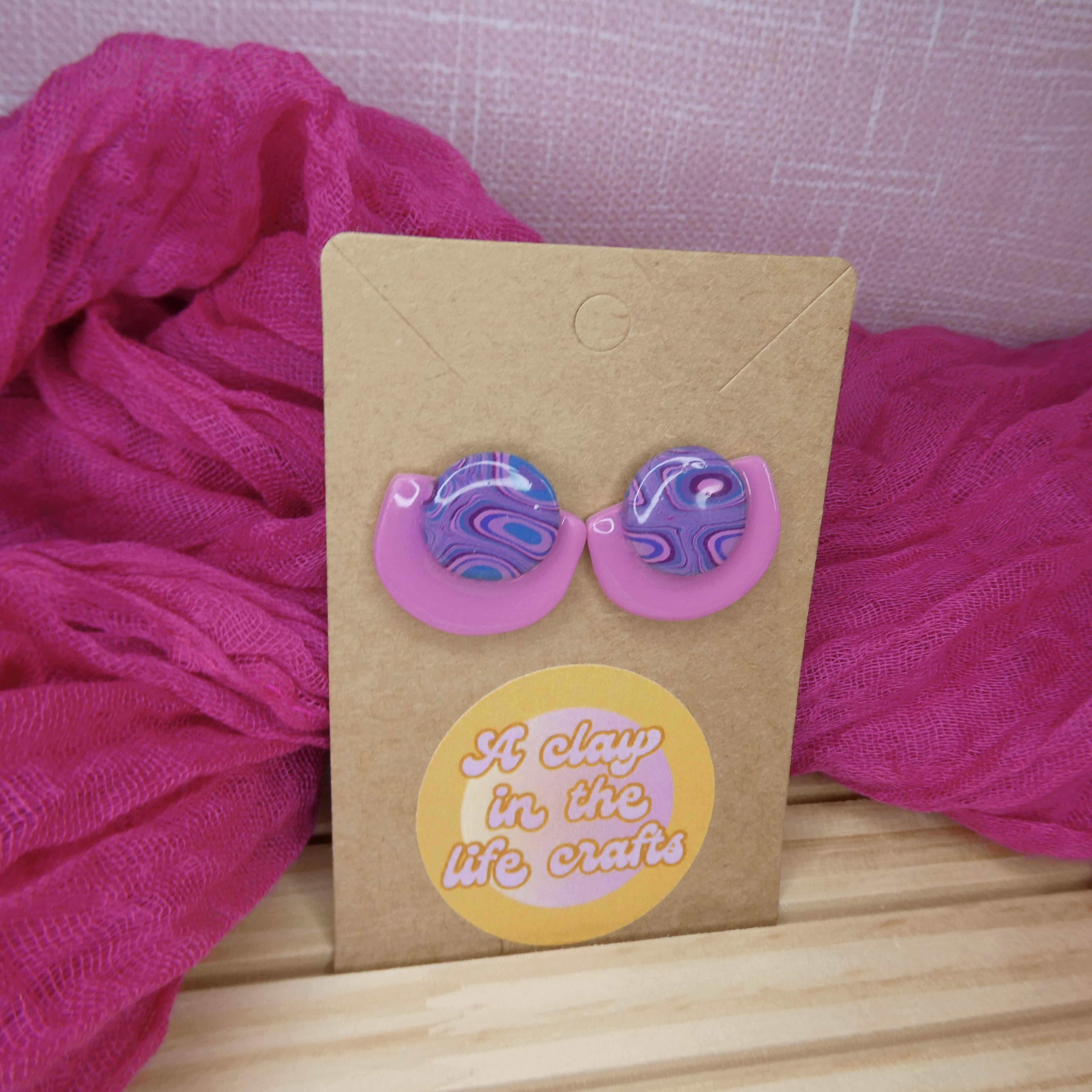 Pink And Purple Geometric Stud Polymer Clay Earrings