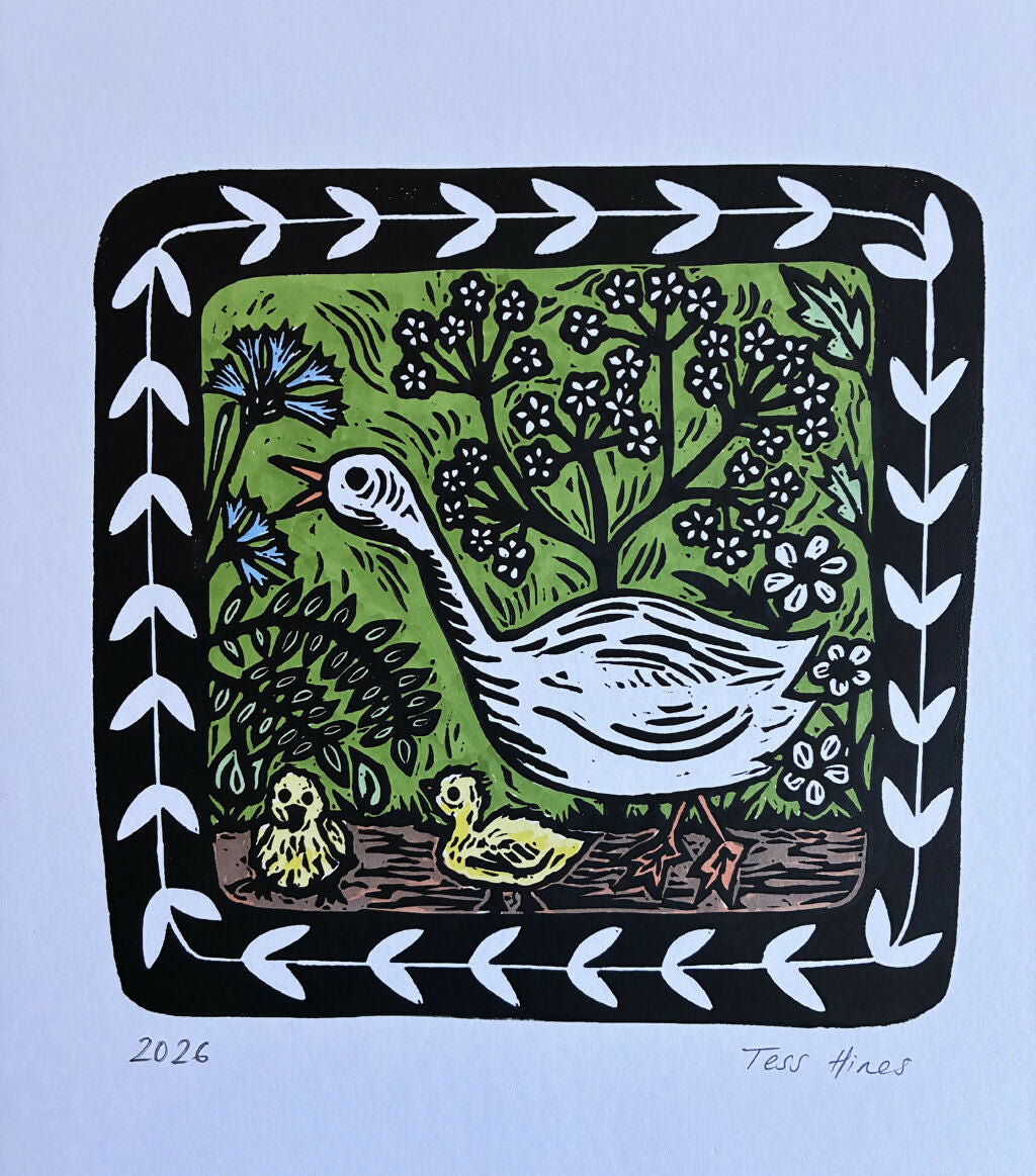 Hand-printed and Hand-coloured Linocut print: Mother Goose and her Goslings.