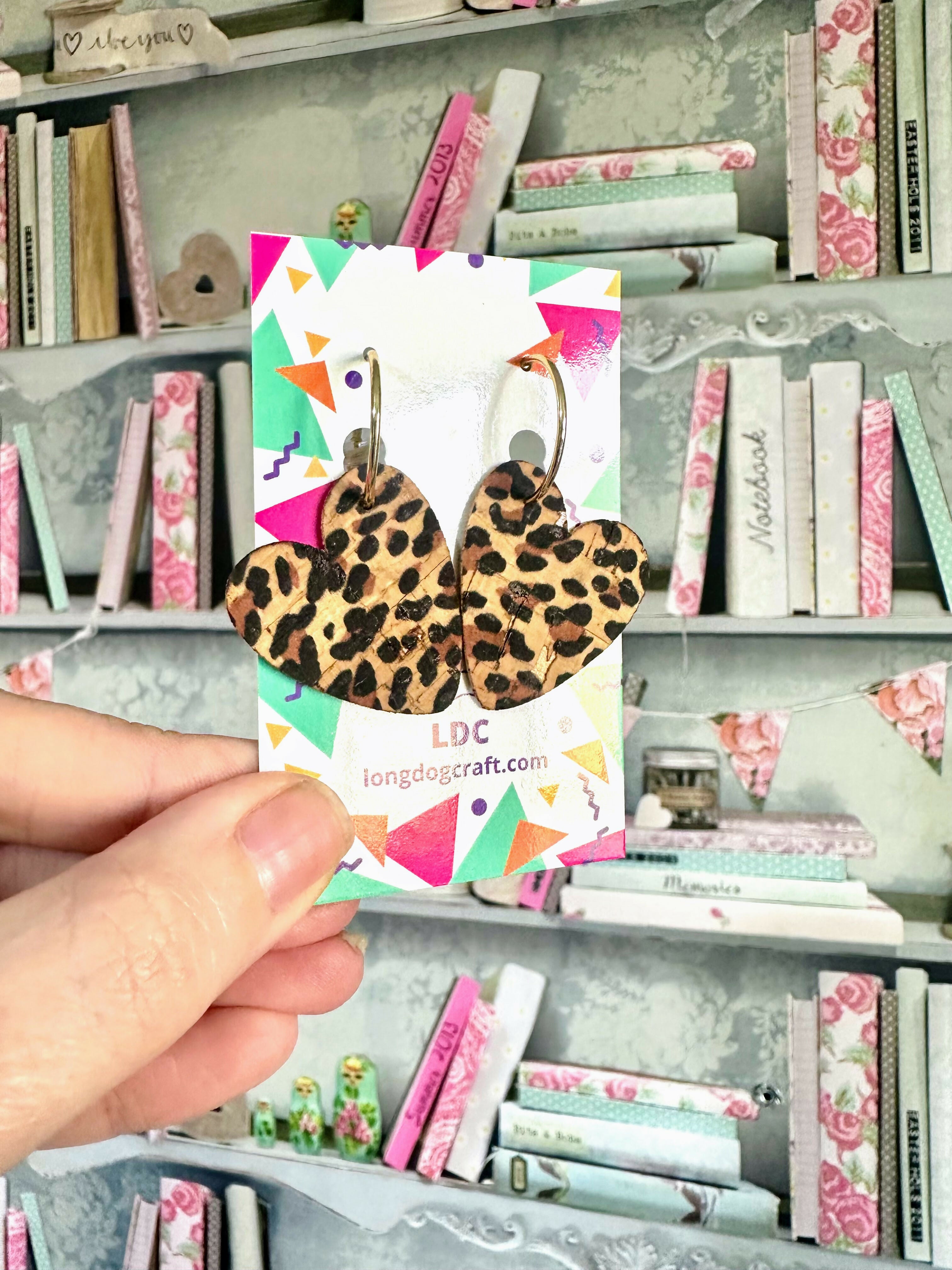 Leopard Cork Heart Hoops