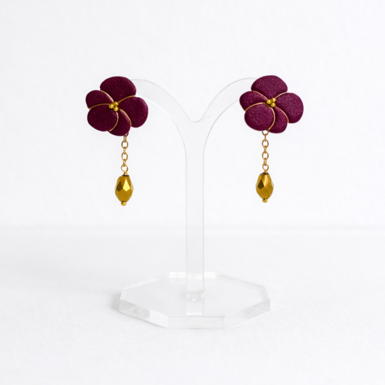 Burgundy Flower Drop Earrings with Gold Chain and Crystal Bead