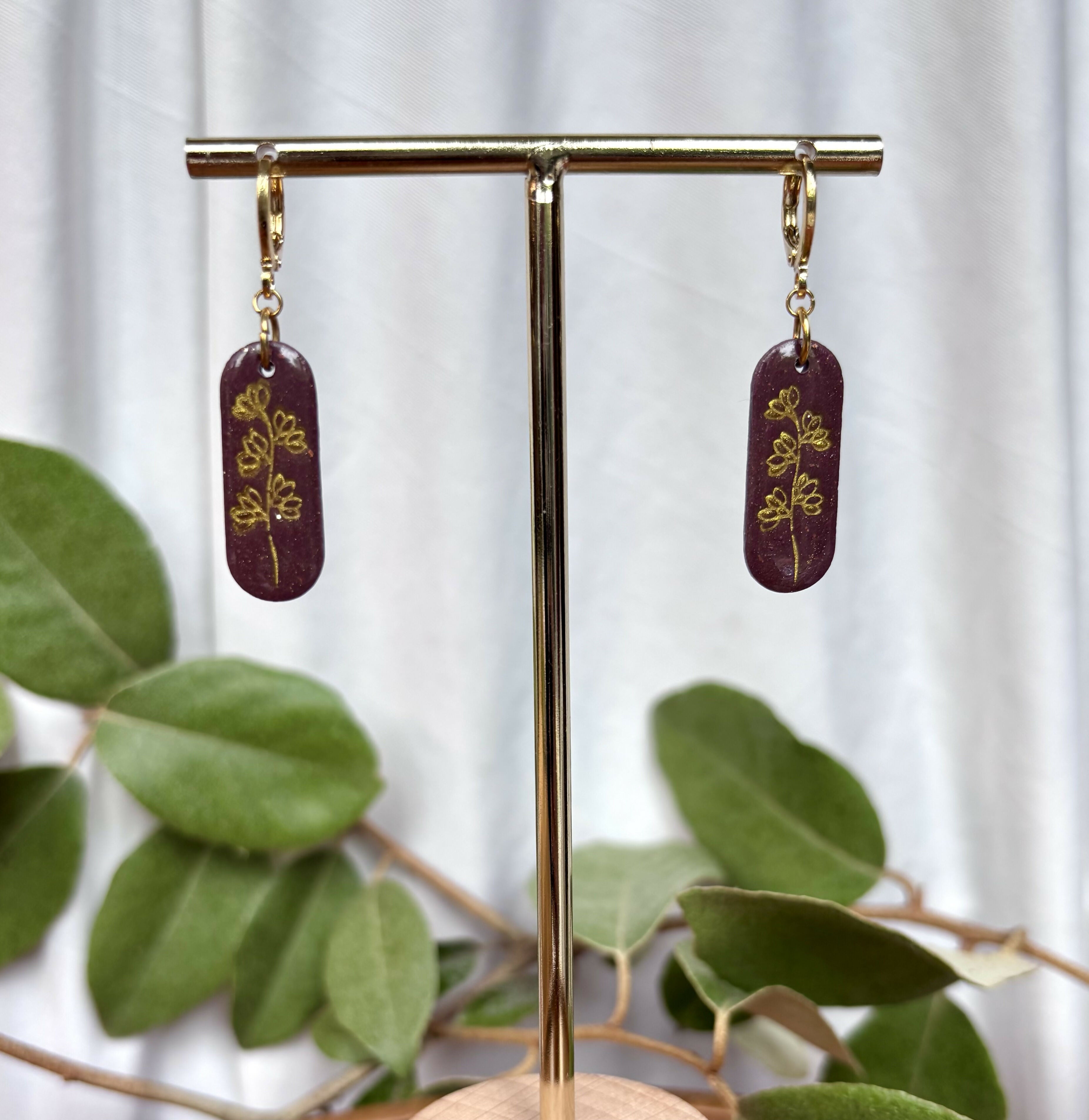 Burgundy Flower Huggie Hoops Polymer Clay Earrings