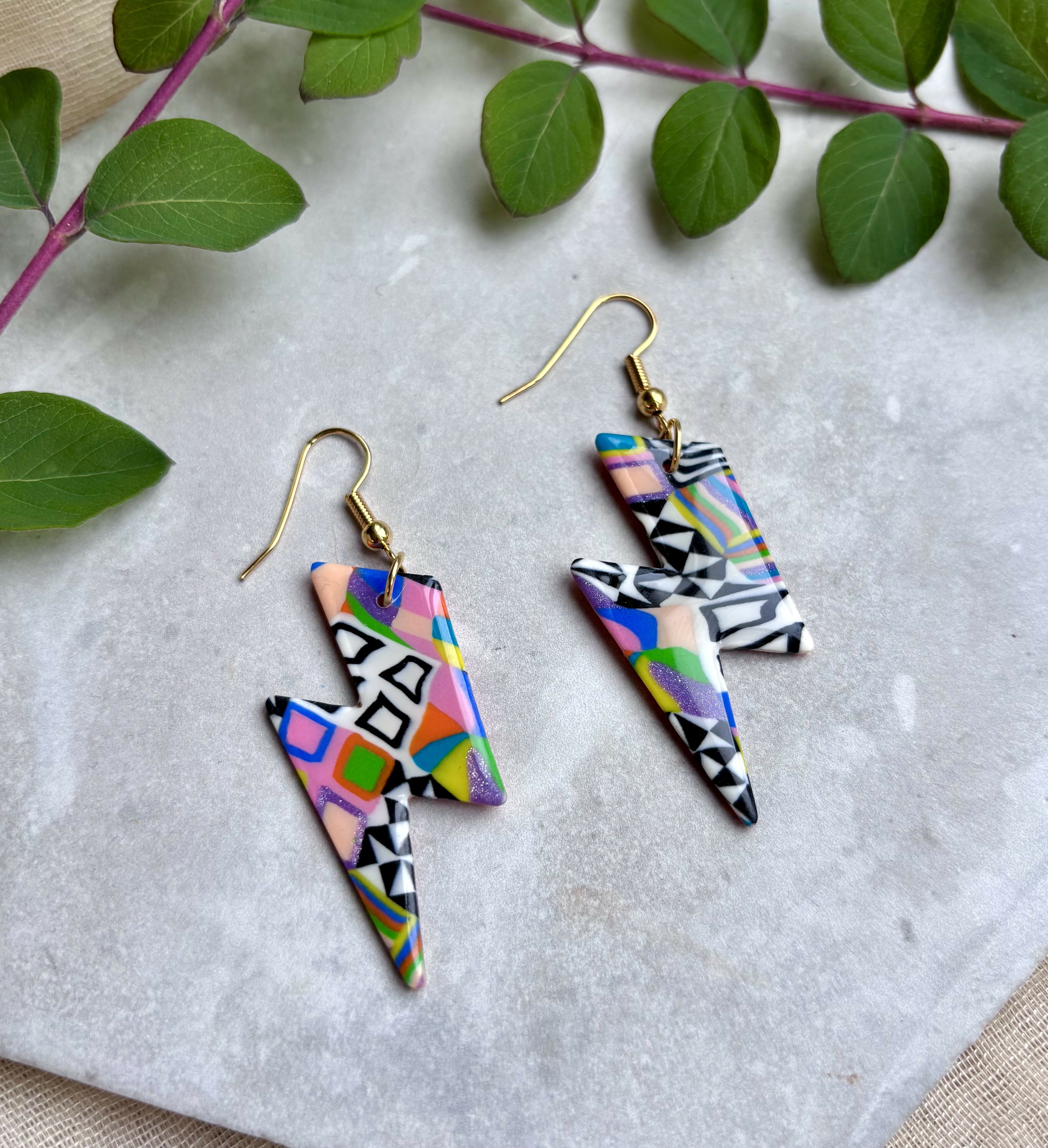 Funky Pattern Collection - Lightening Bolts Polymer Clay Earrings Hooks