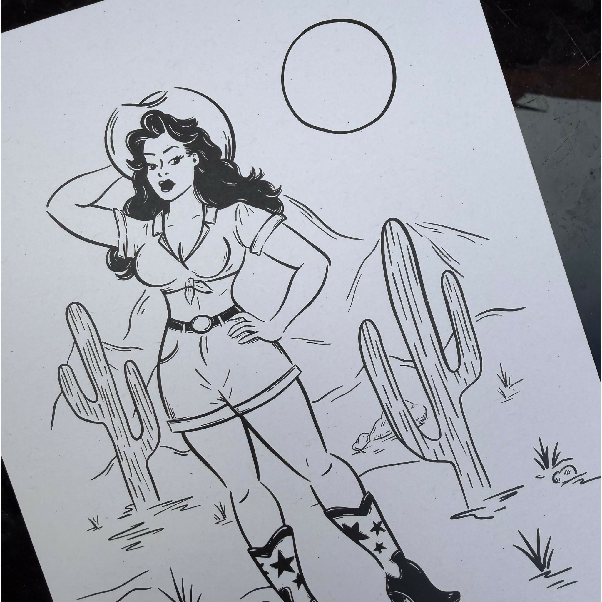 Pin-up Cowgirl - Illustrated Black and White Print