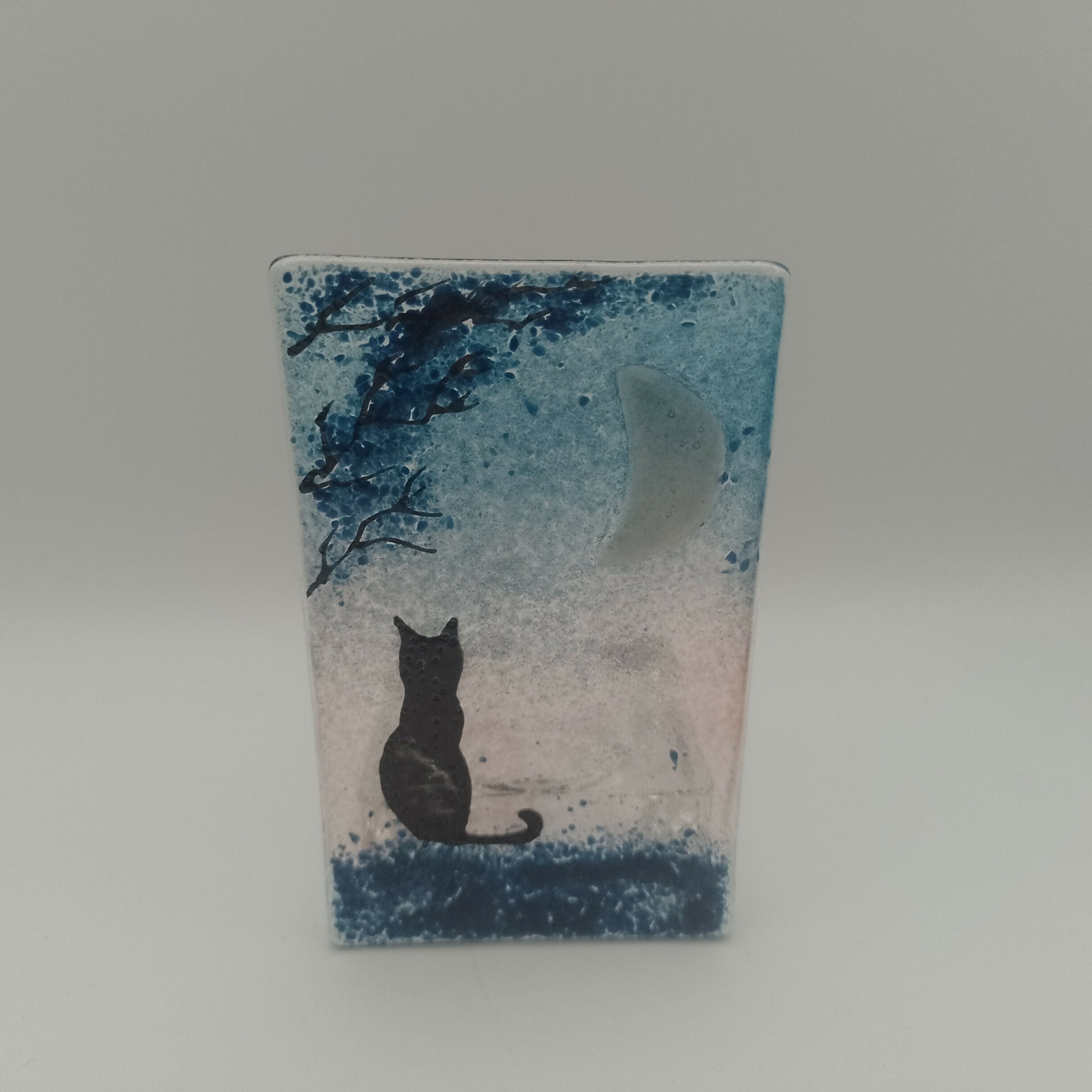 Fused Glass Silhouette Cat and moonTealight Holder