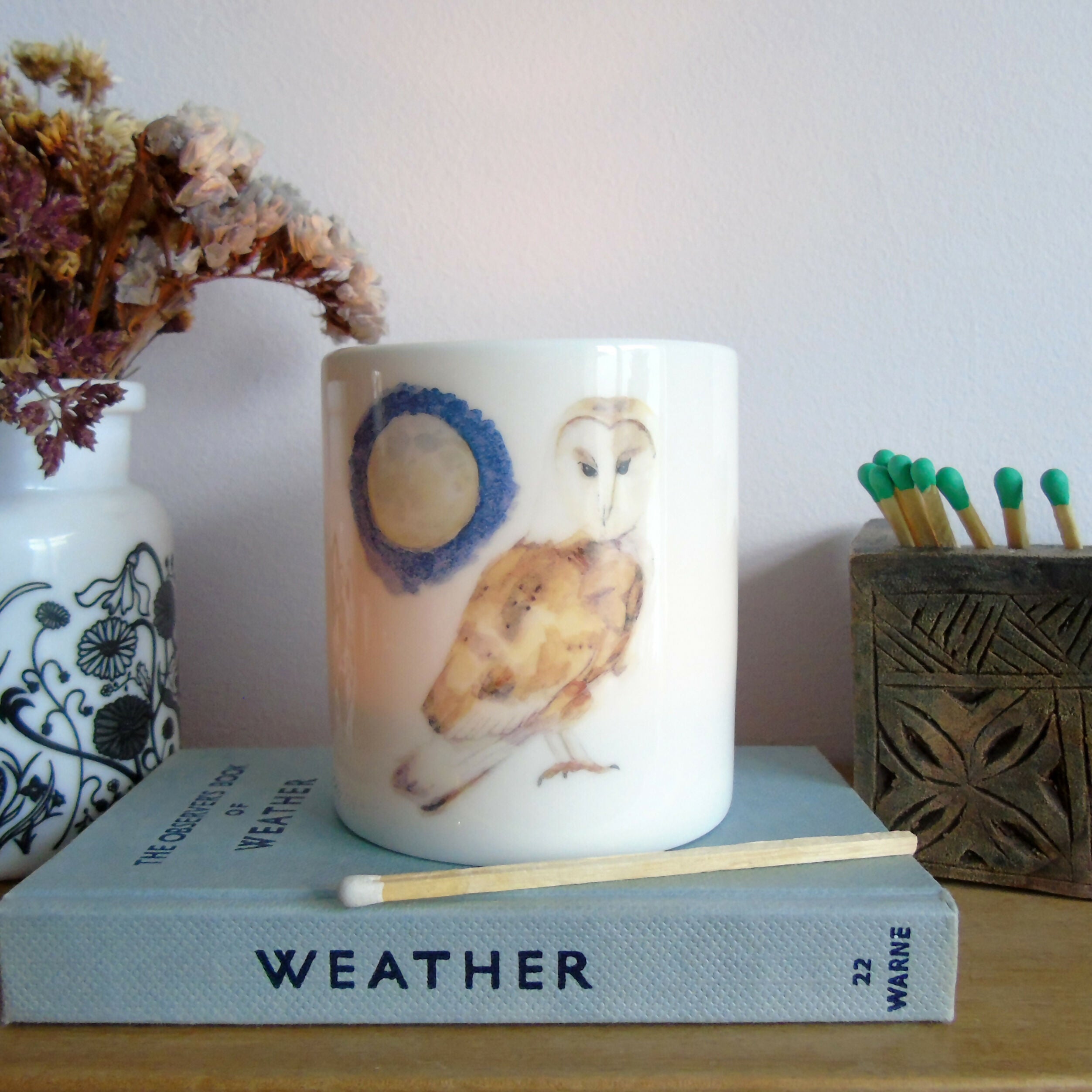 Barn owl and Moon Bone China Candle Holder