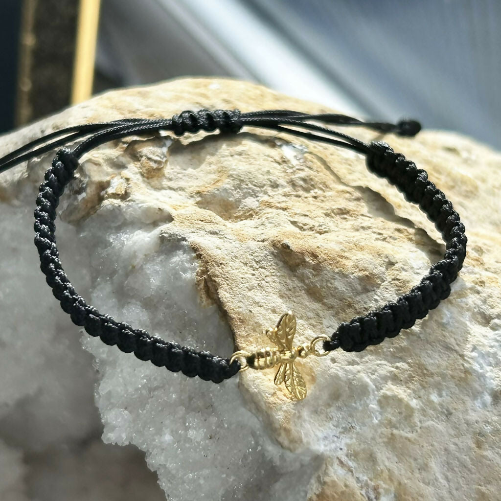 Handmade Adjustable Macrame Bracelet With Gold Vermeil Bee Detail