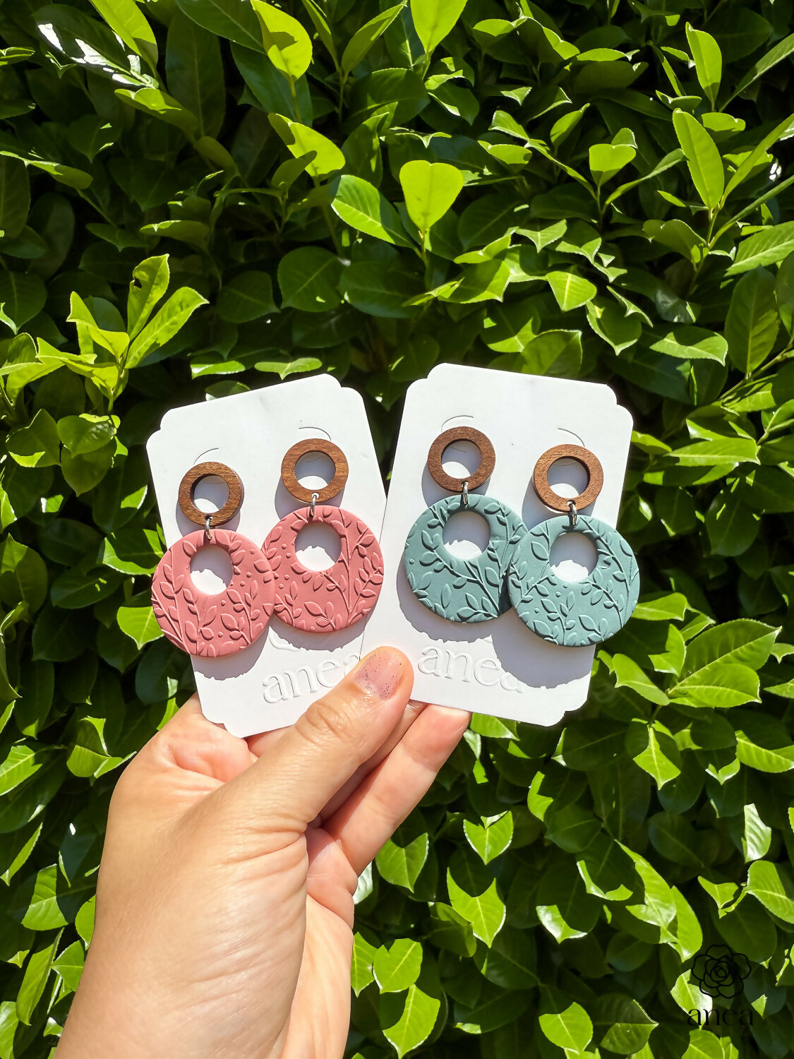 Textured Clay and Walnut Wood Drop Earrings in Storm Green