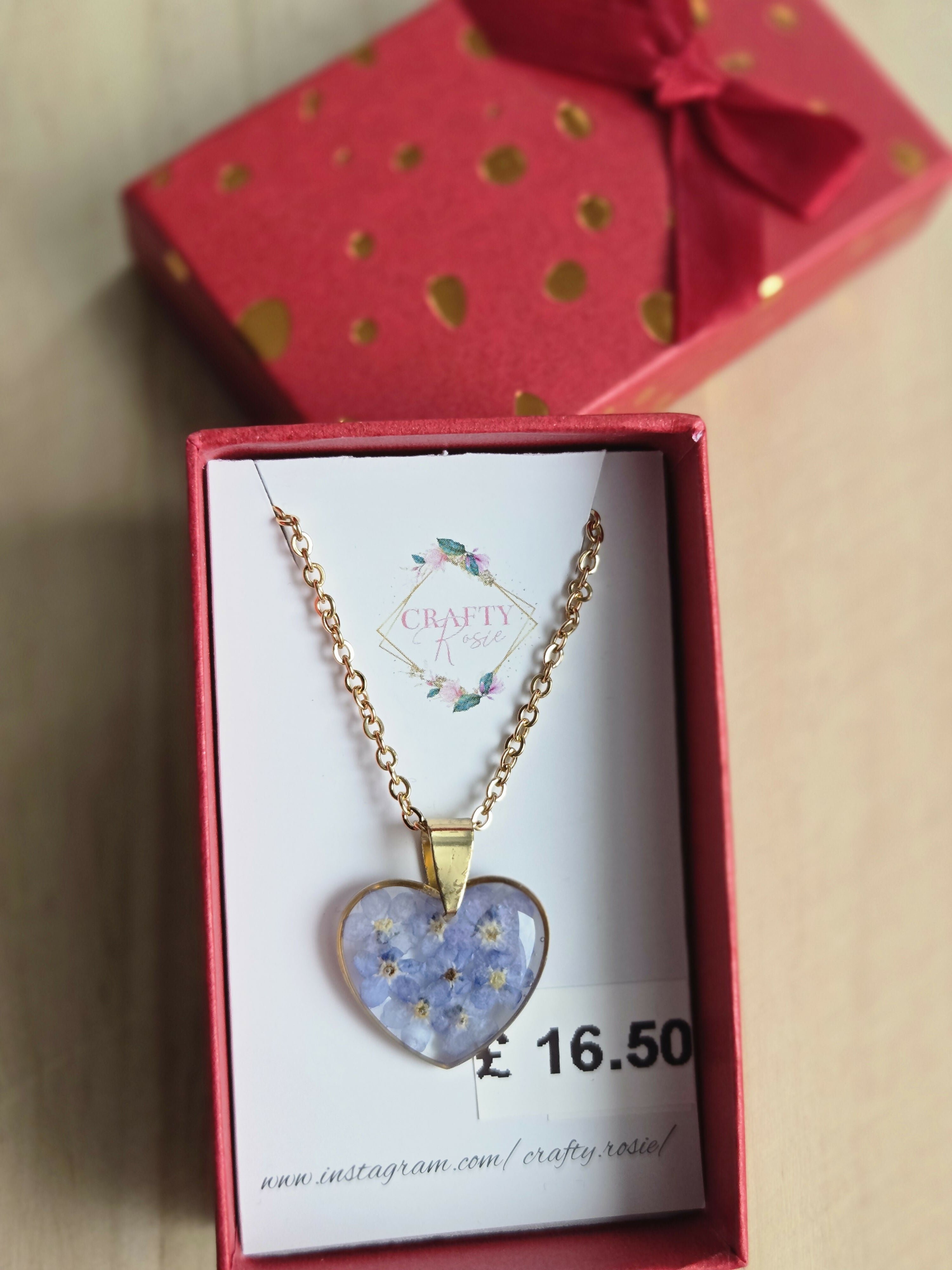 Stainless Steel Real Forget Me Not flowers Heart Necklace