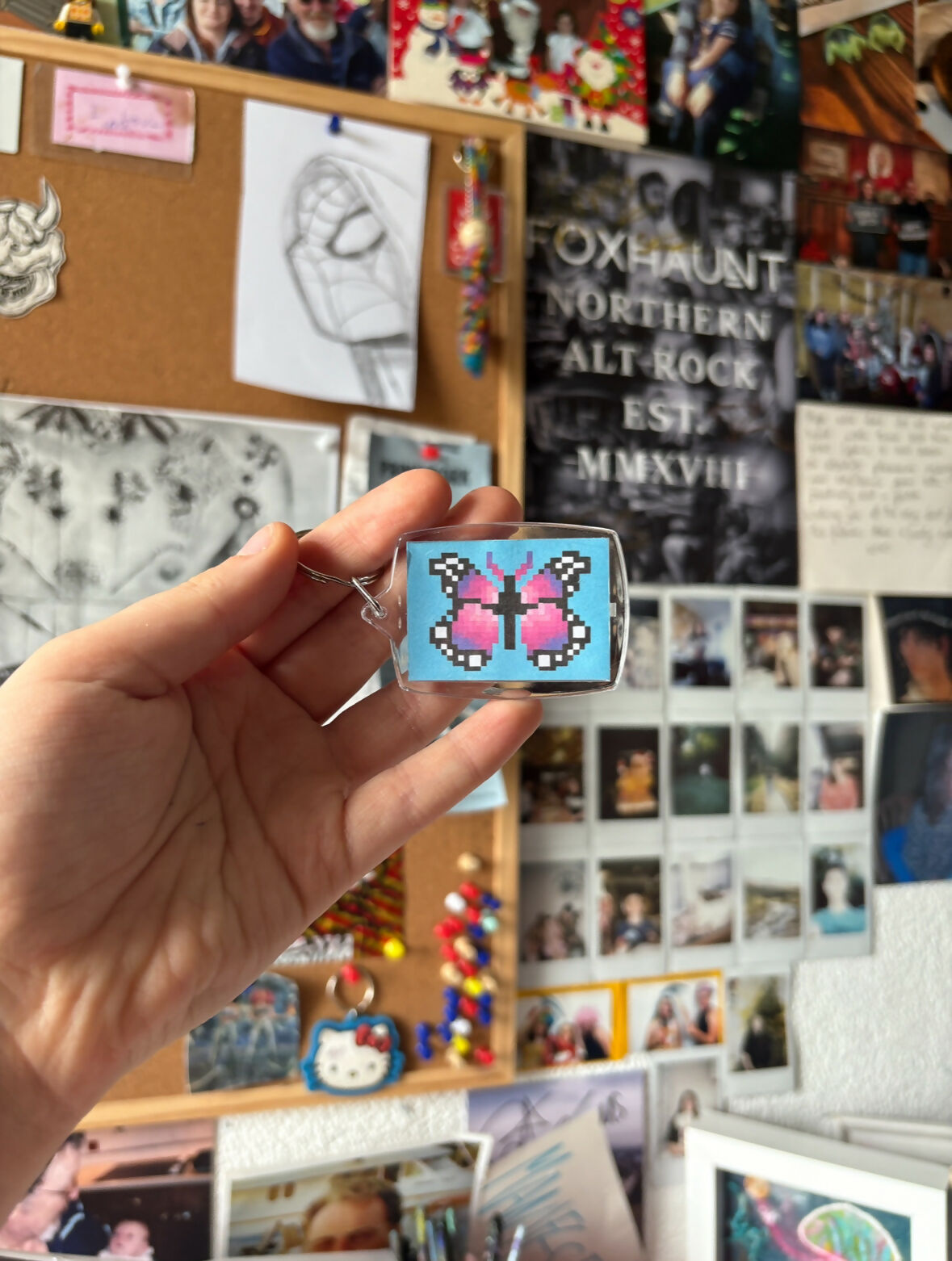 Pixel Pink Butterfly Keyring In Blue