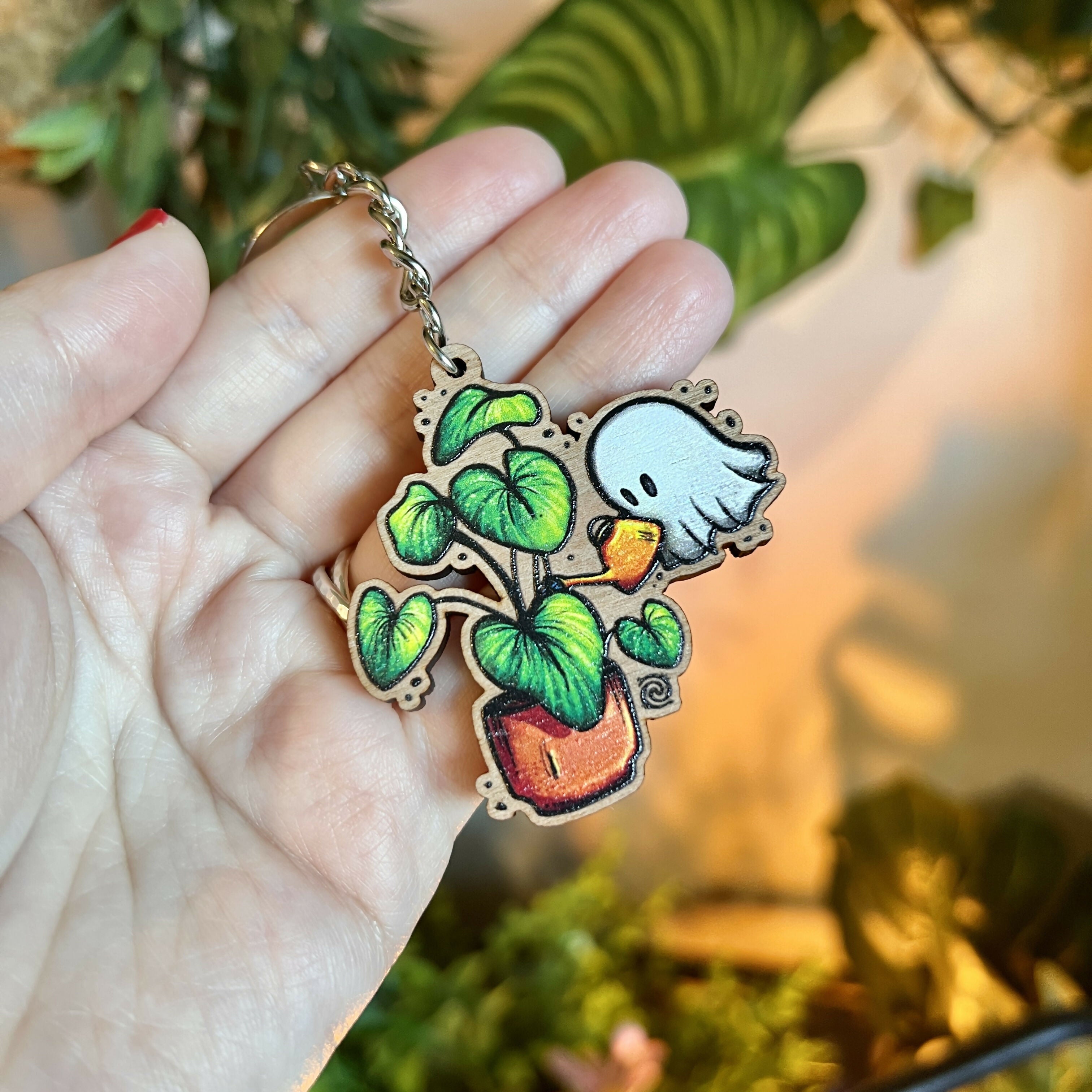 Ghost and Plant Wooden Keyring