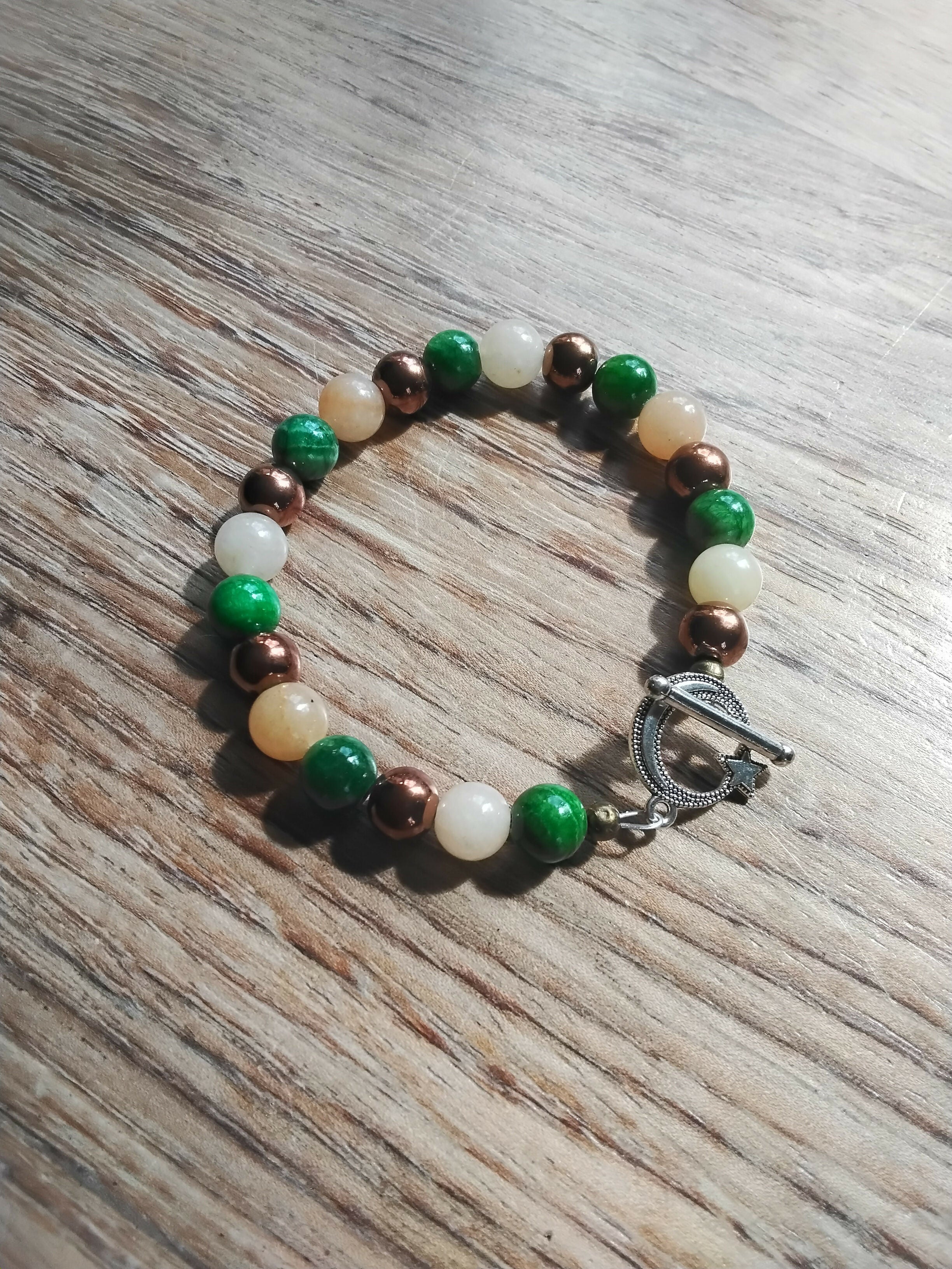 Tibetan Silver Toggle Catch Bracelet with Copper Hematite, Yellow Jade & Green Chalcedony.