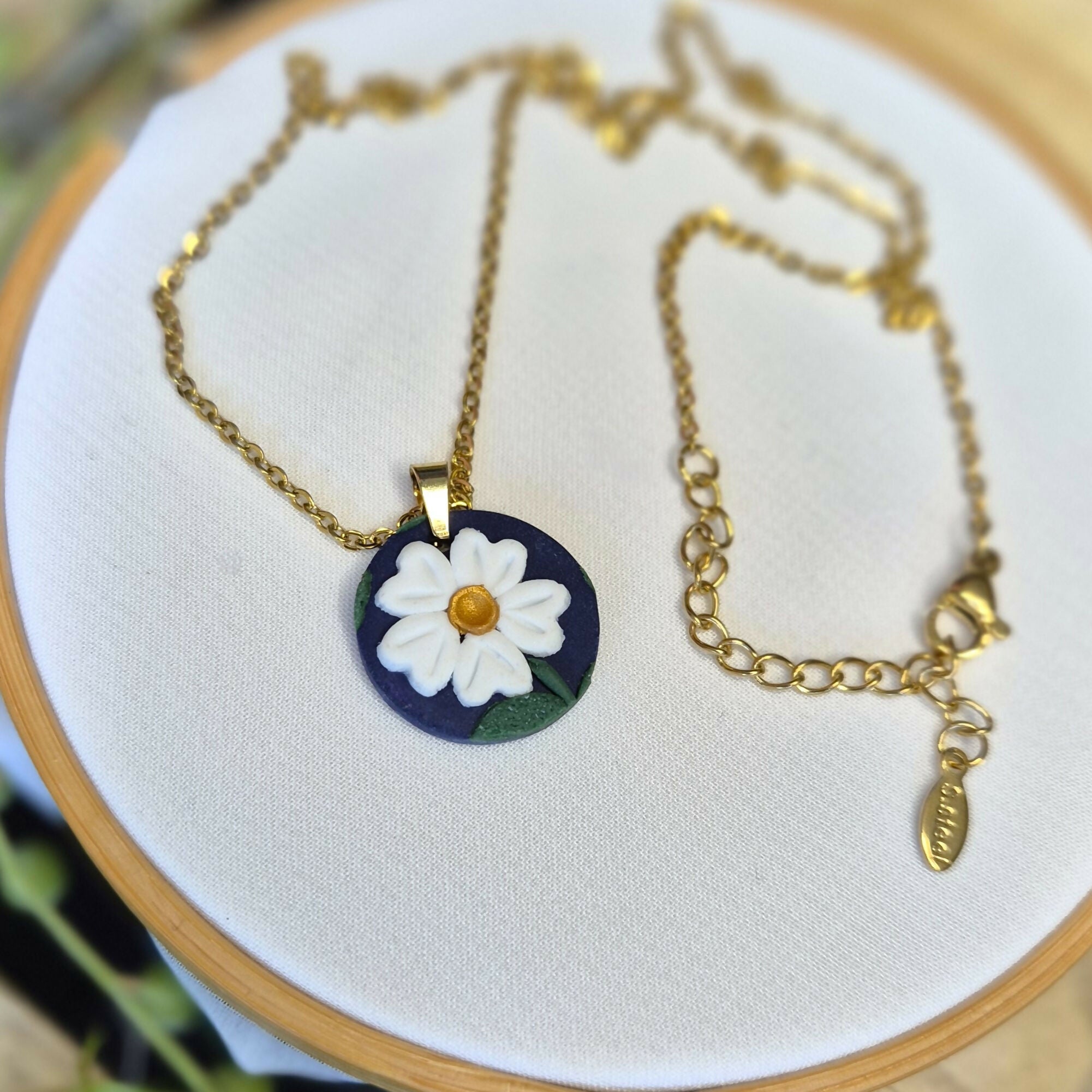 White Flower On Navy Circle Dangle Necklace