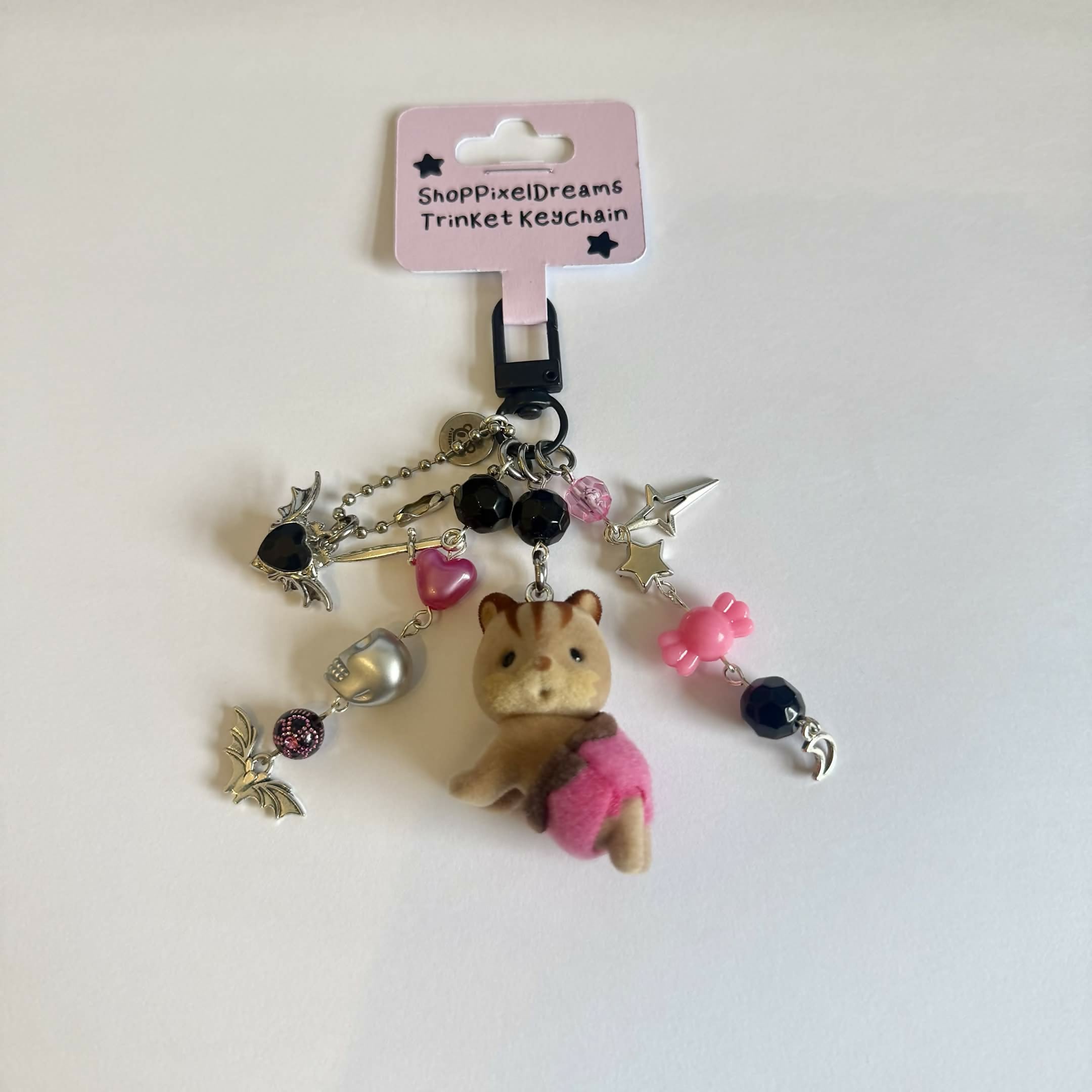 Baby Squirrel Hot Pink and Black Toy Trinket Keychain