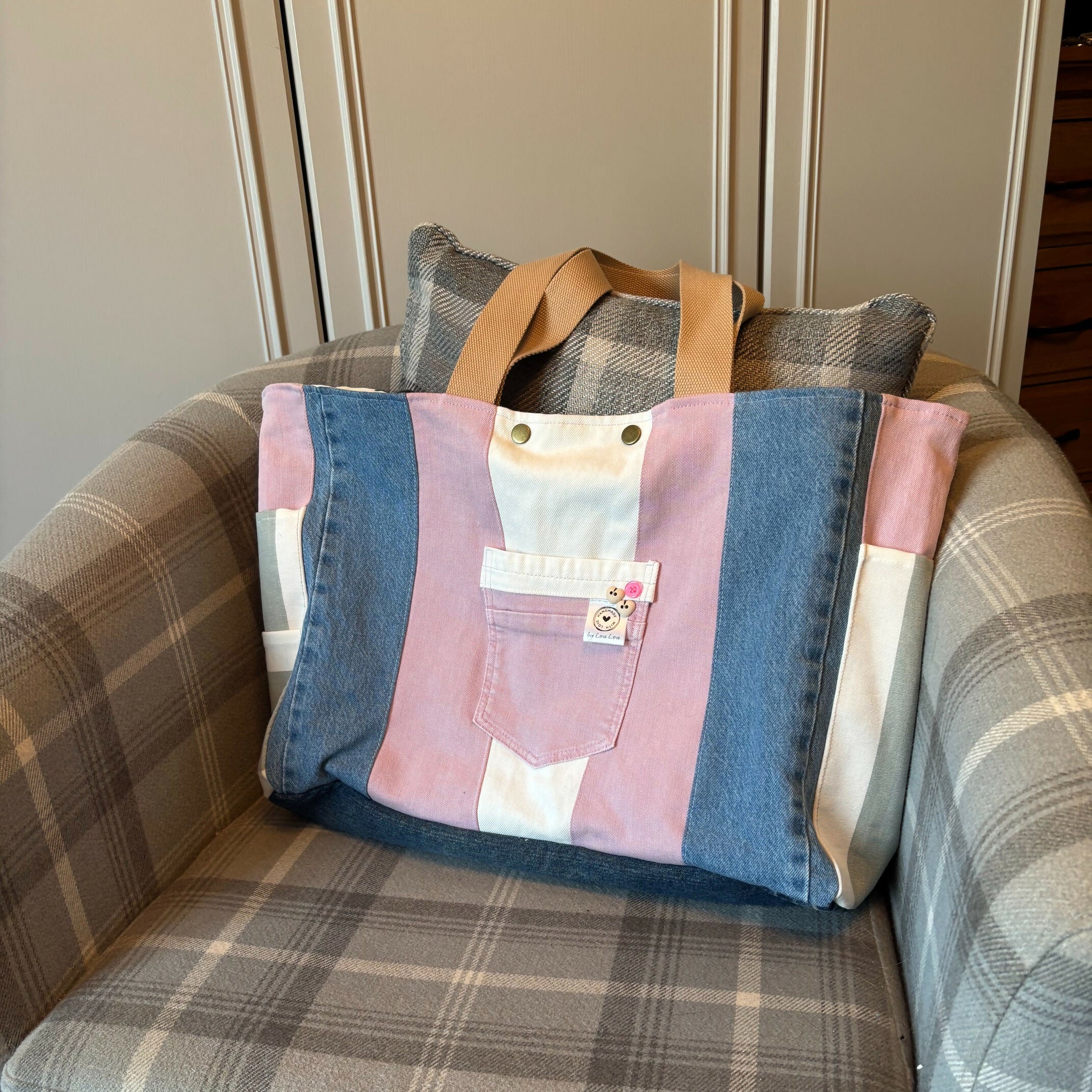 Unique Handcrafted Oversized Denim Tote Beach Bag Handbag Made From Upcycled Blue And White Jeans