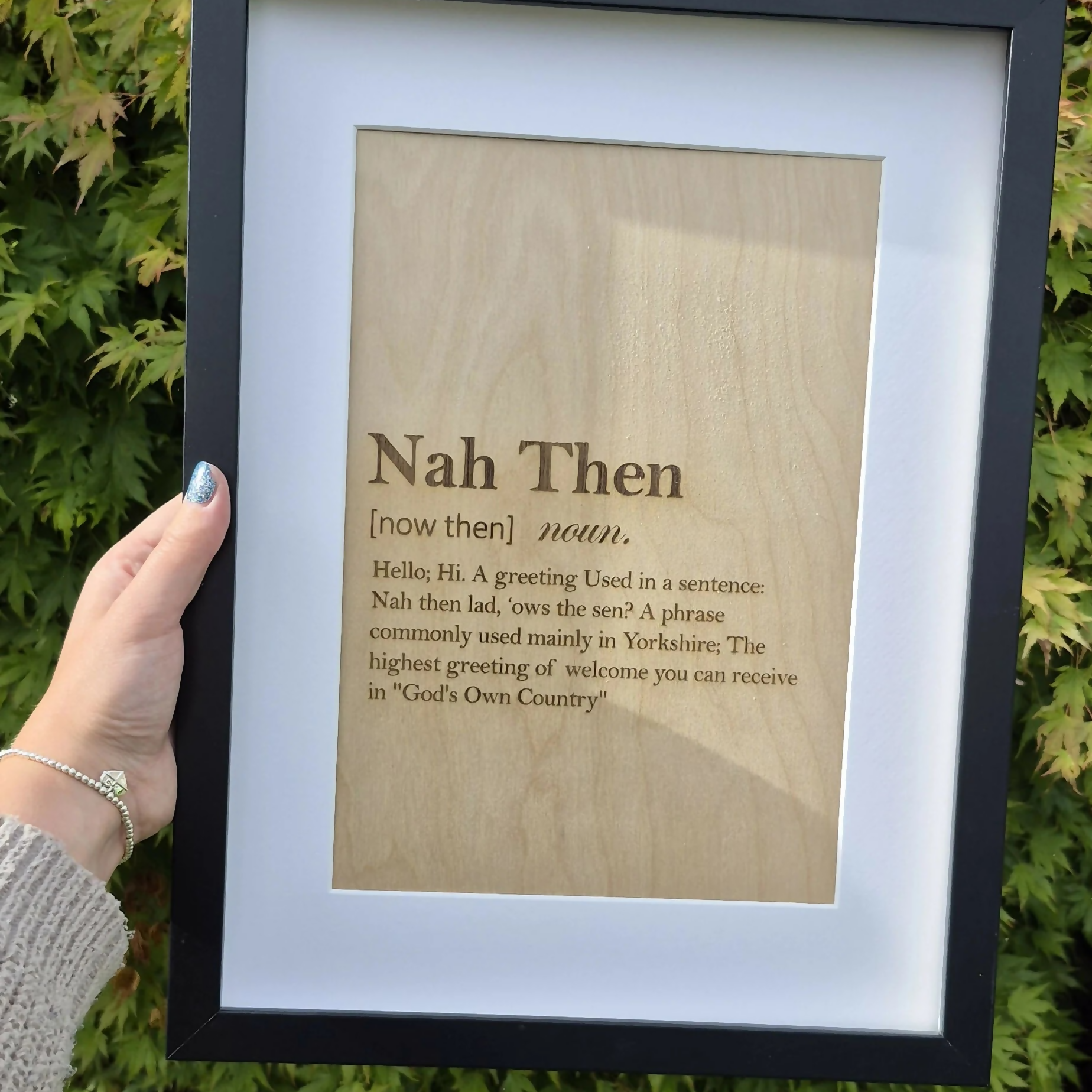 Framed Yorkshire Saying | "Nah Then" Engraved Wooden Sign | A4 Print in Black Frame | Yorkshire Dialect Wall Art | Northern Gift