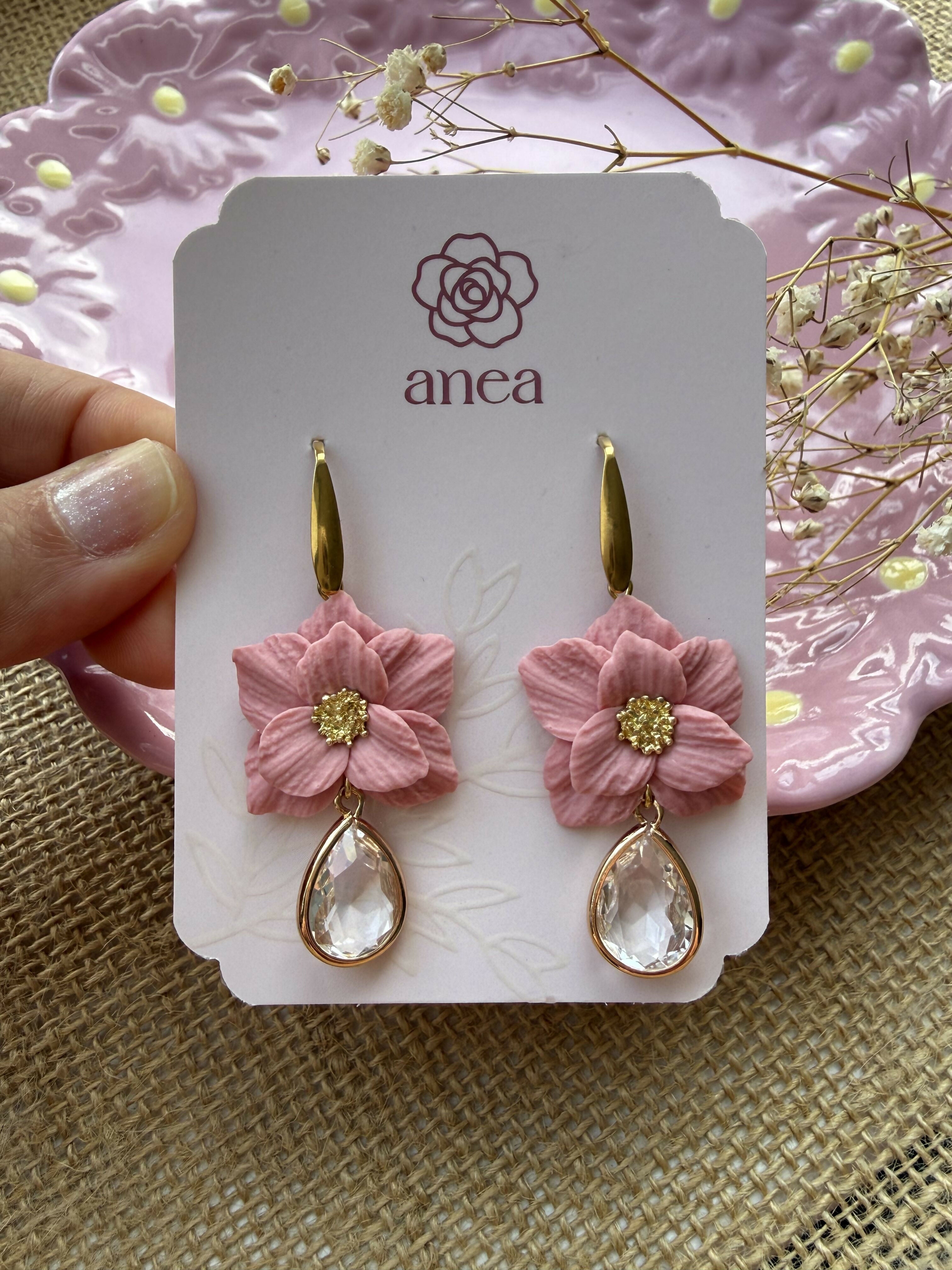 Rose Pink Flower Drop Earrings with Teardrop Crystal Detail