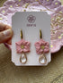 Rose Pink Flower Drop Earrings with Teardrop Crystal Detail