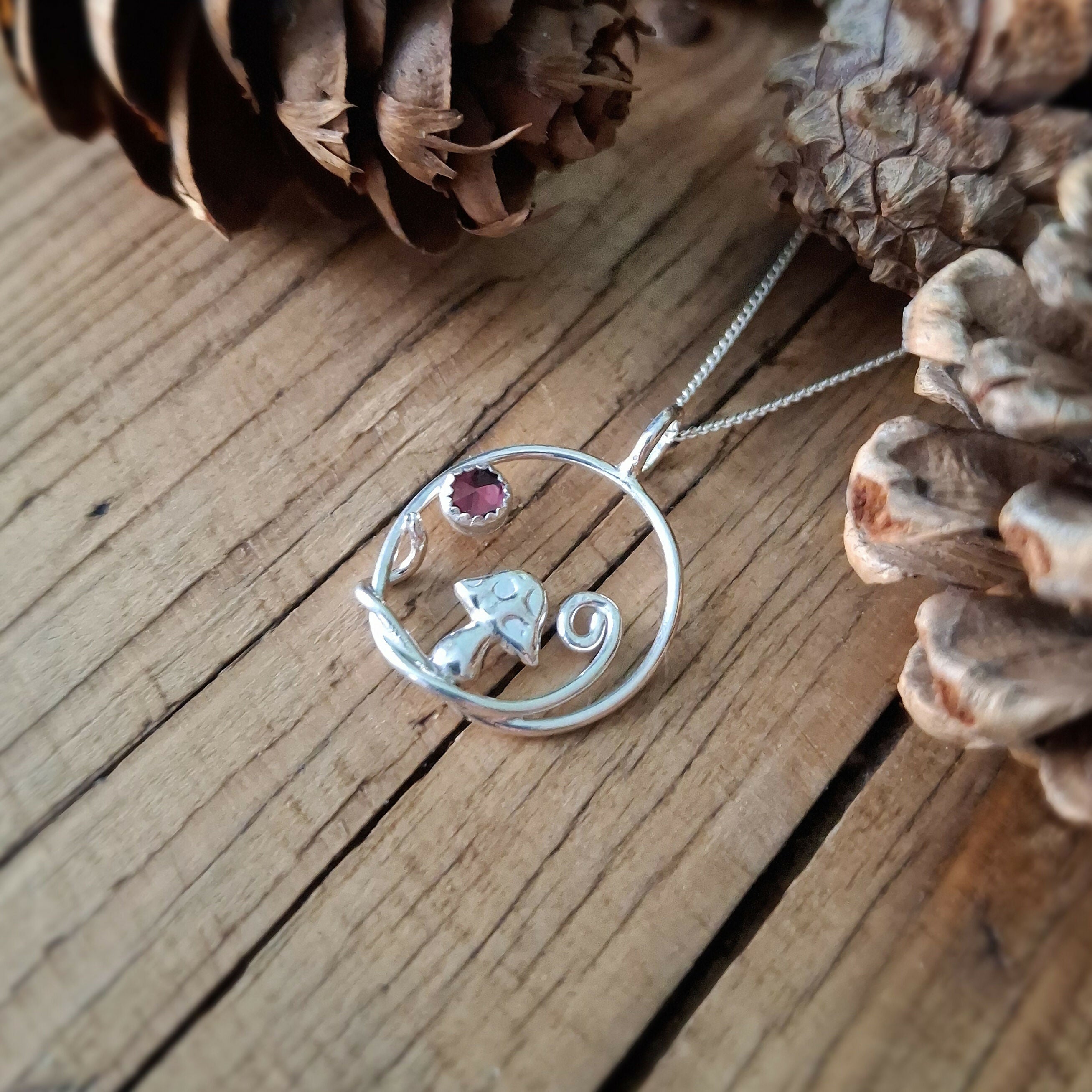 Handmade Silver Toadstool Garnet Necklace