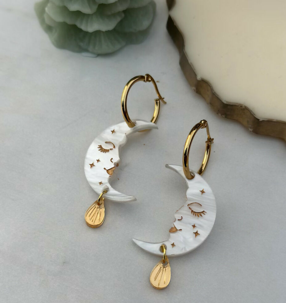 Celestial Crescent Moon Face Earrings with Gold Drop