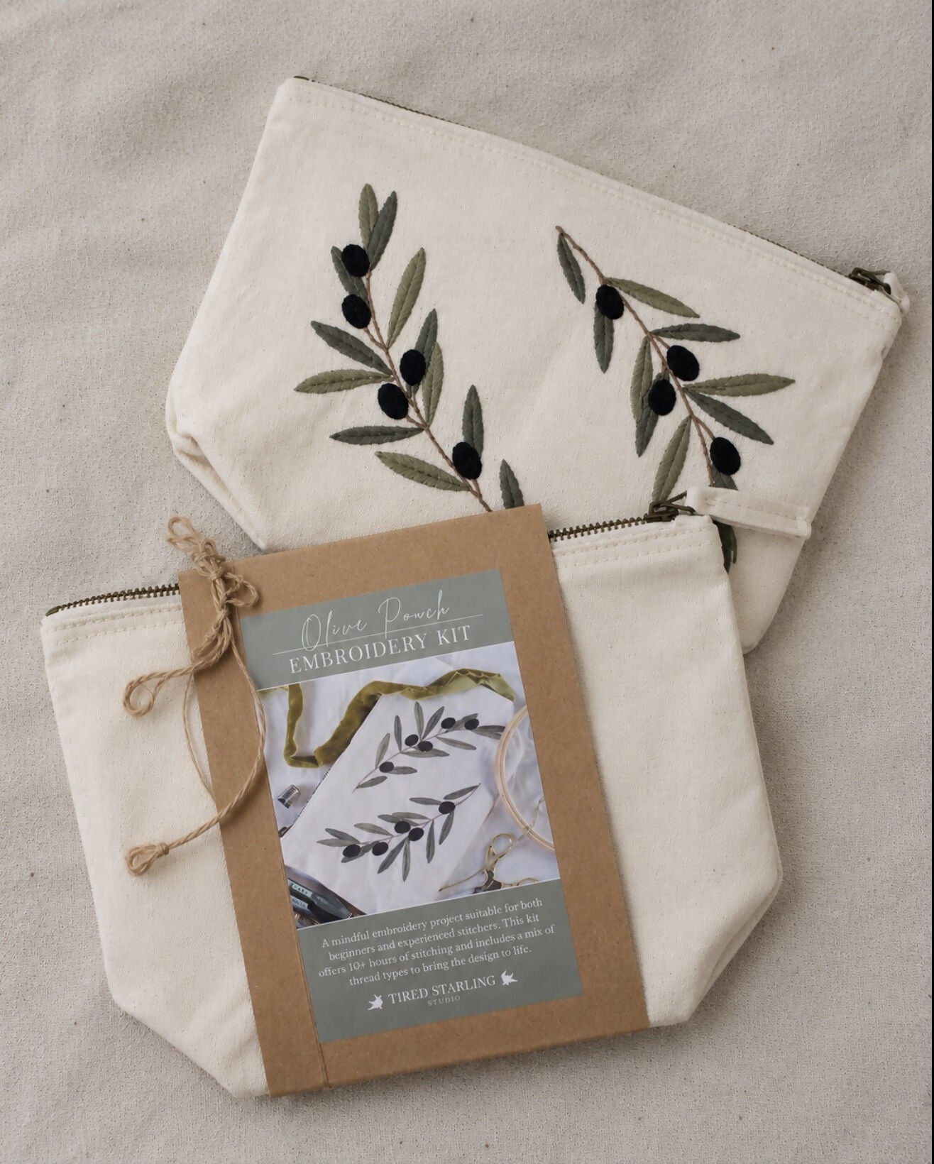 Olive Branch Embroidery Kit for Beginners - Stitch Your Own Makeup Bag - DIY Craft Kit Gift