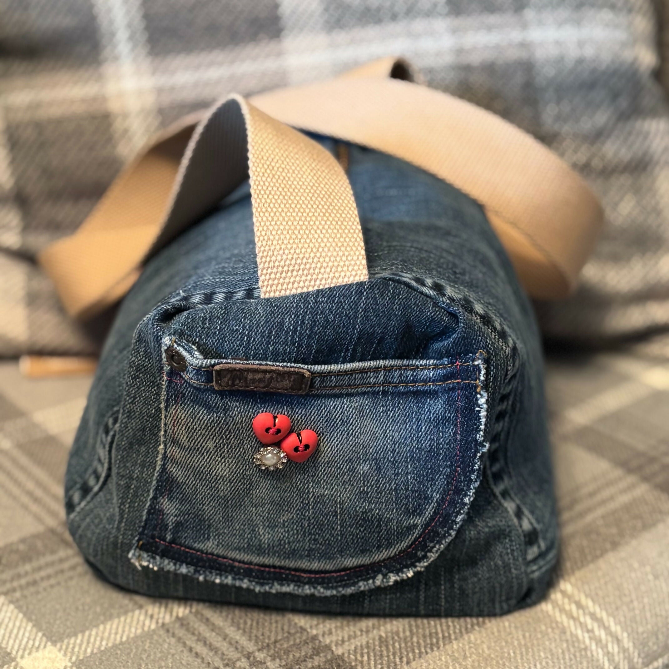 Unique Handcrafted Lined Denim Barrel Bag Handbag Made From Upcycled Jeans