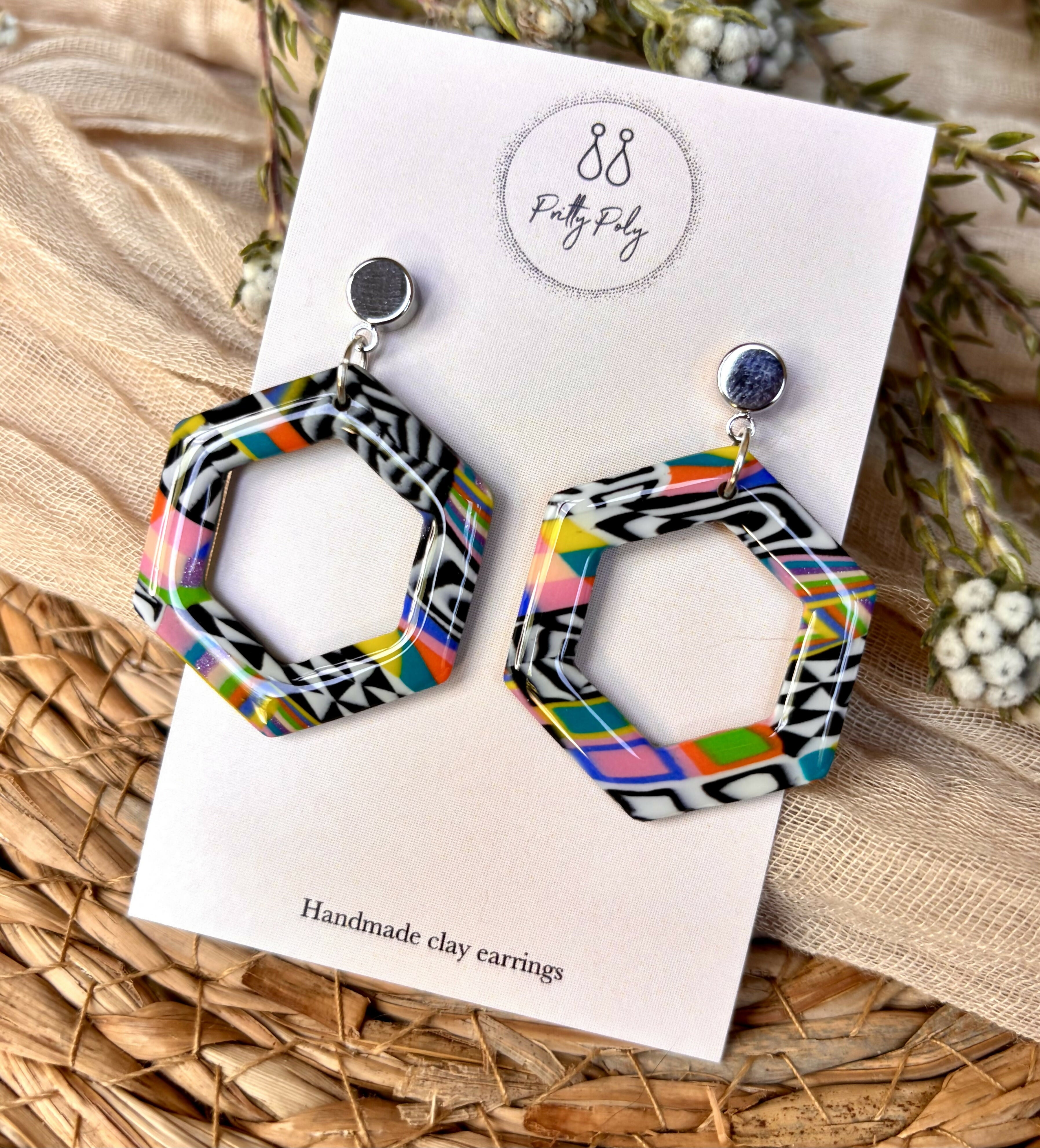 Funky Pattern Collection - Hexagon Polymer Clay Earrings
