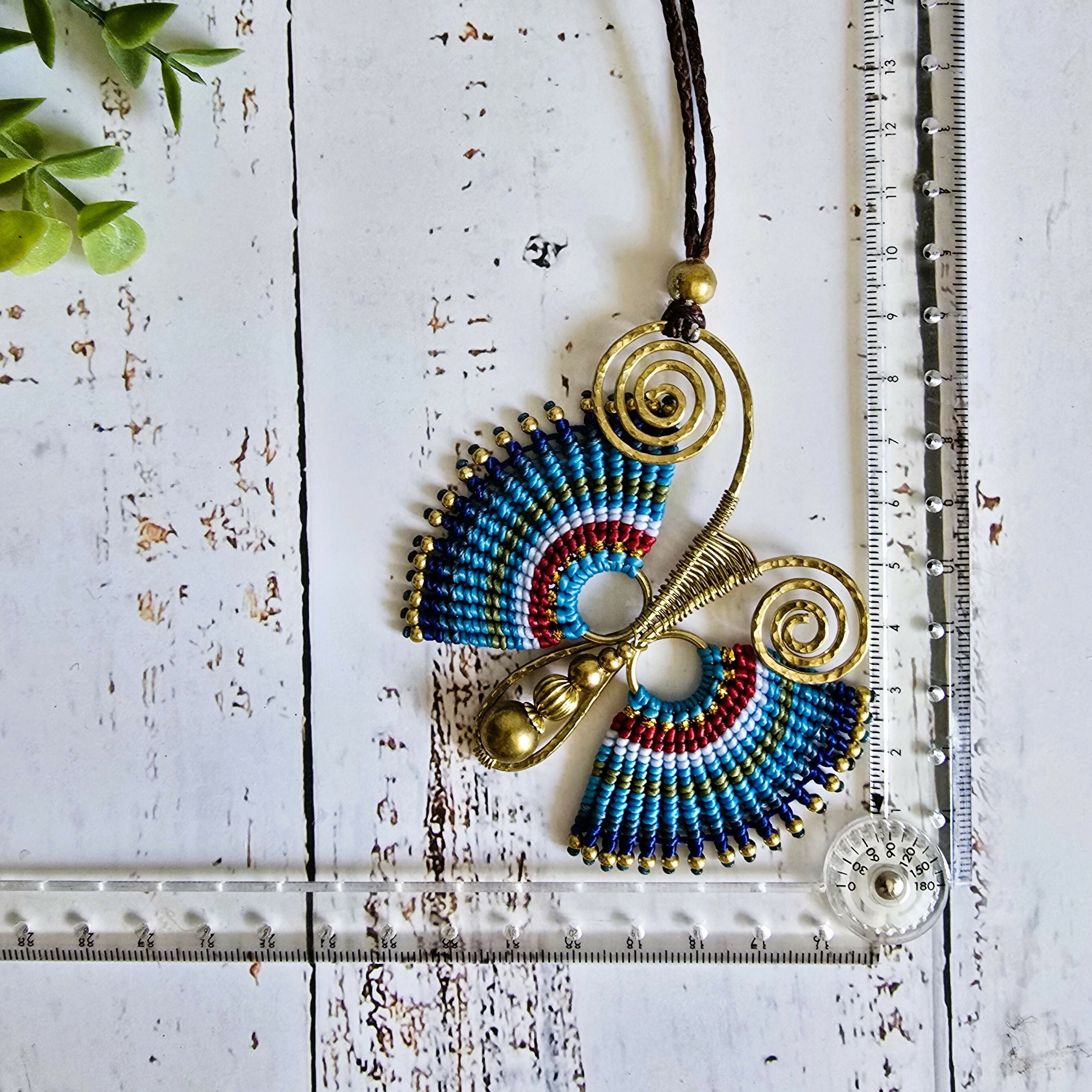 Blue Butterfly Necklace; Handcrafted Macramé & Gold Wire Art Statement Pendant
