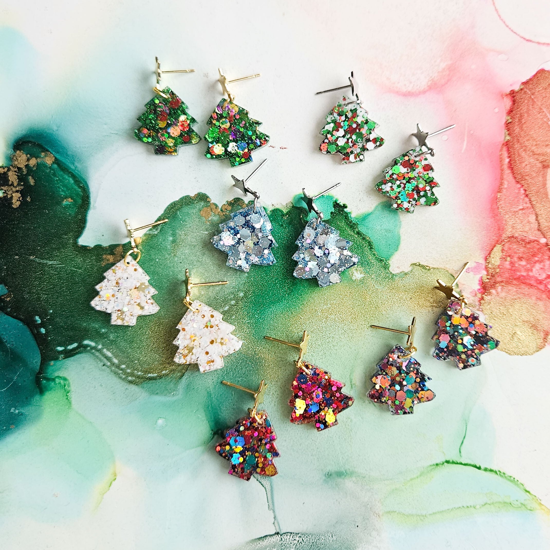 Handmade Glitter Christmas Trees Earrings With Star Studs