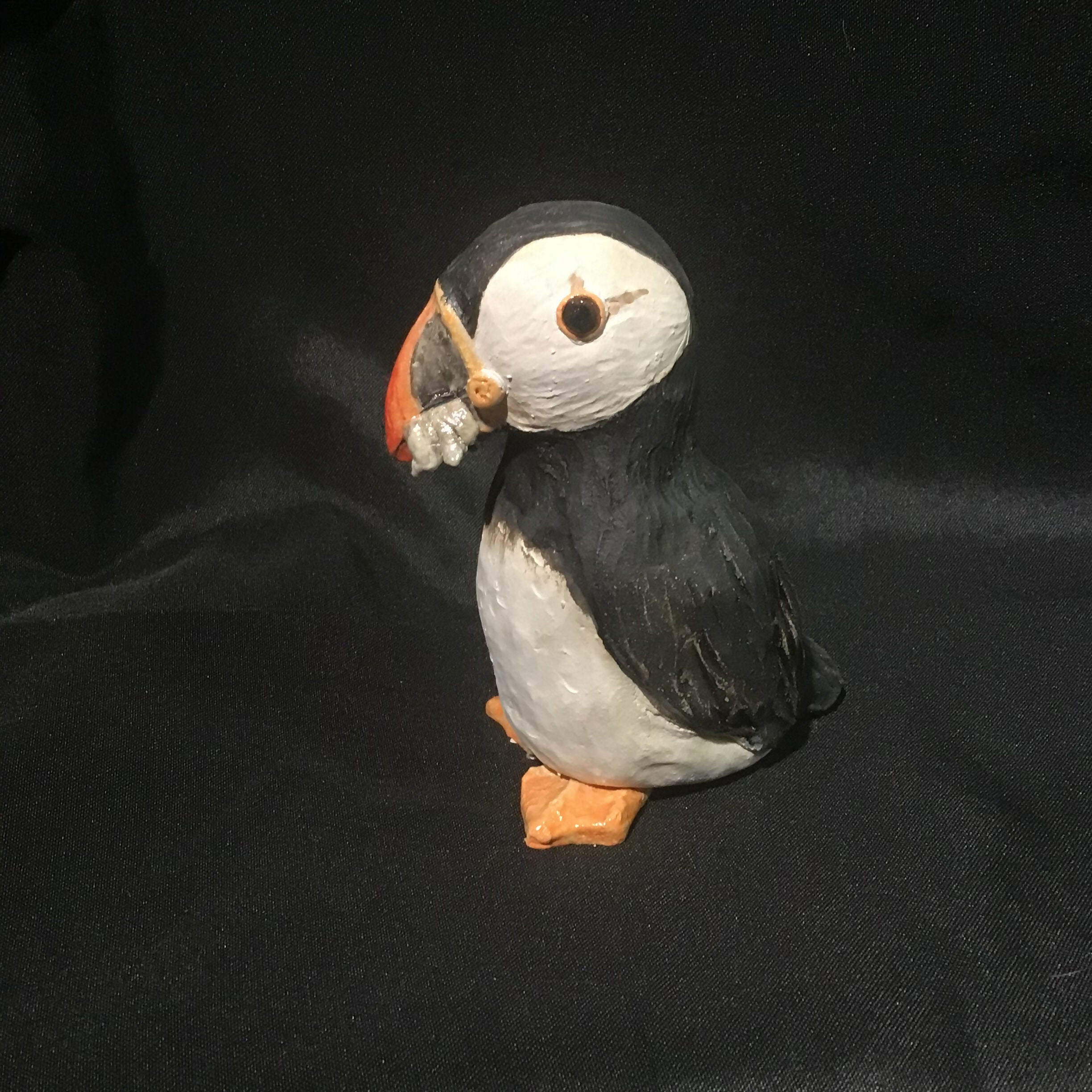 Puffin Sculpture with Fish