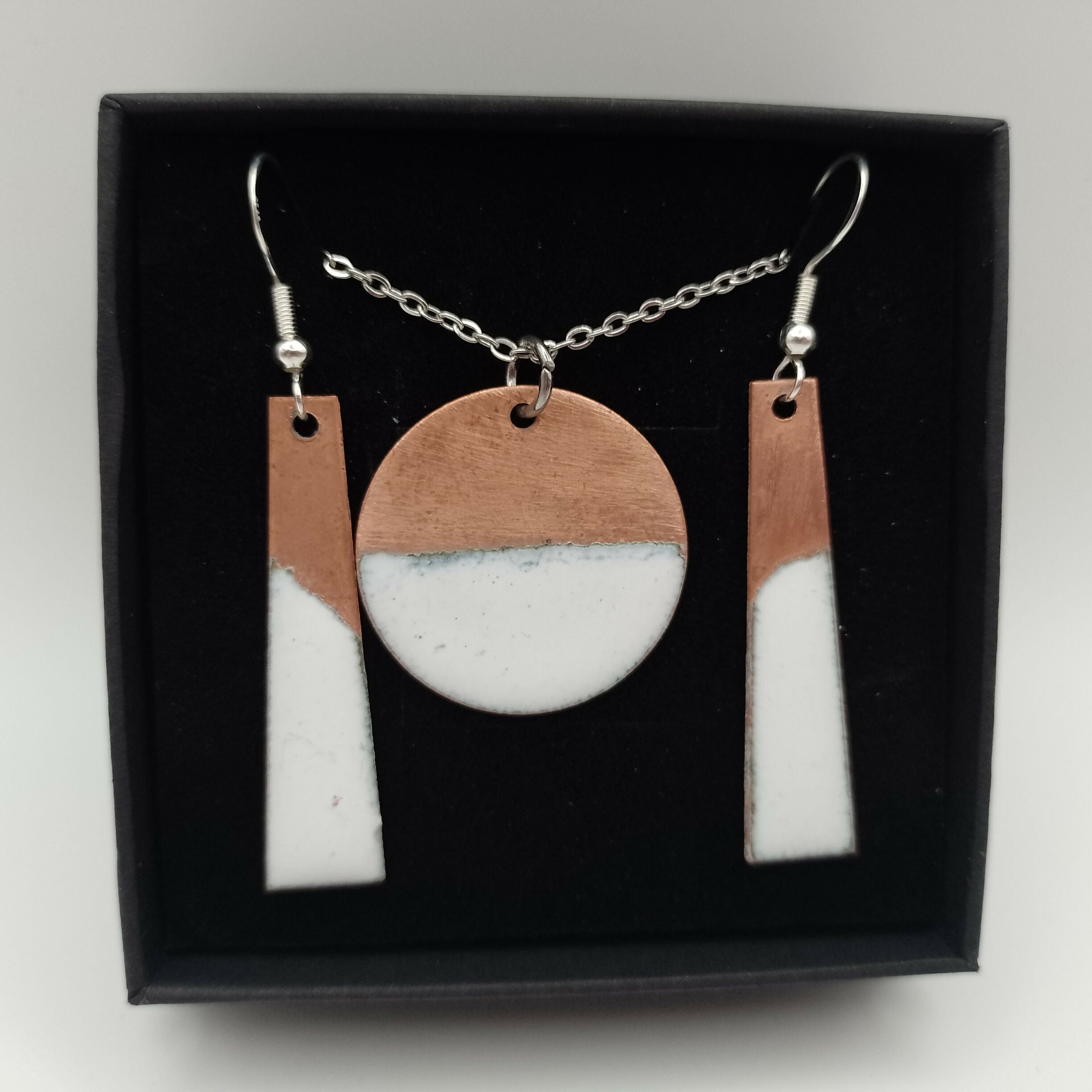 Circle Half Copper Half White Enamel Pendant and Earring Set
