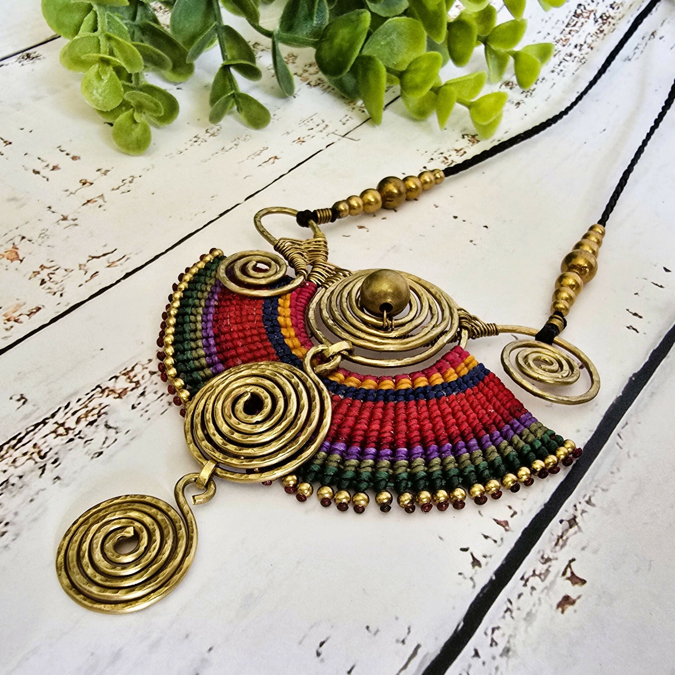 Sahara Necklace; Bold Rainbow Macramé Statement Pendant with Gold Spiral Wire Art
