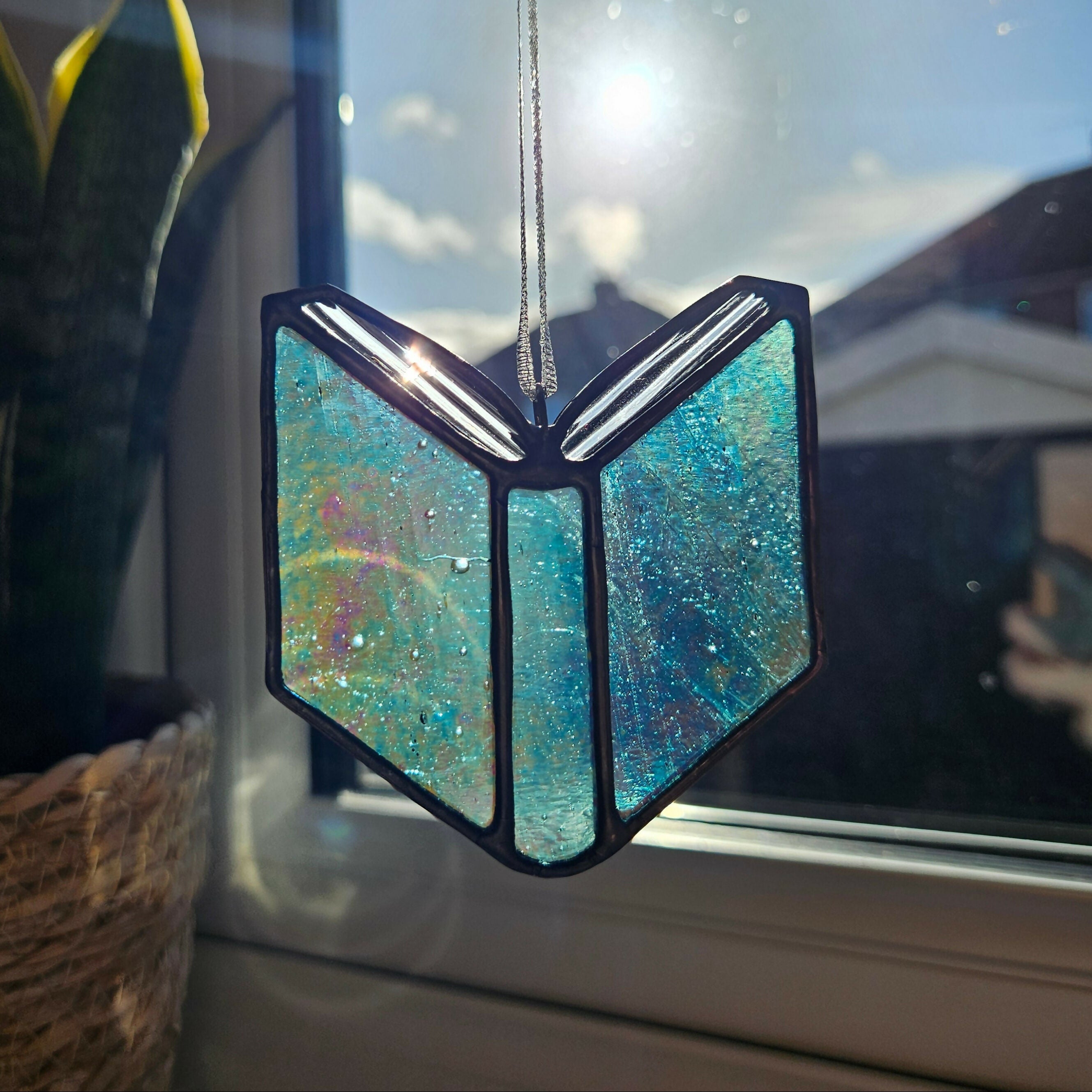 Iridescent Blue Book Stained Glass Suncatcher
