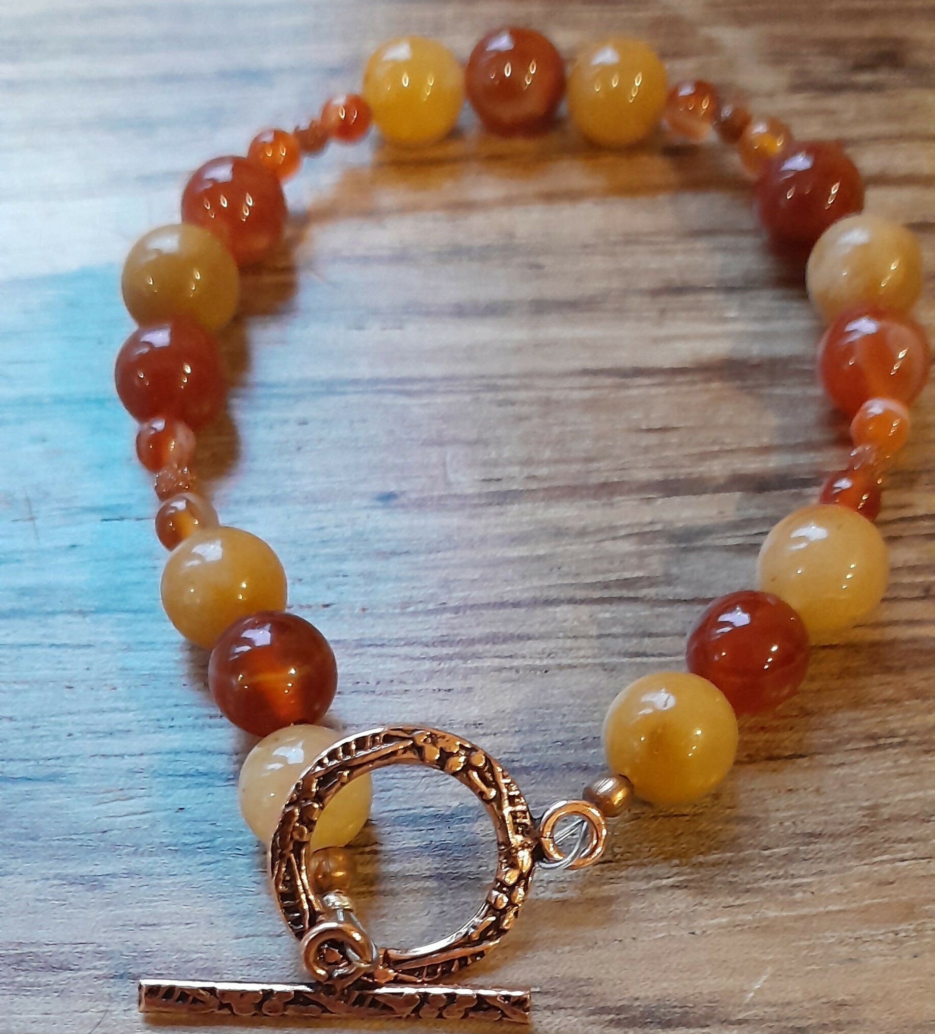 Gemstone Bracelet with Pure Copper Toggle Catch, Yellow Jade, Carnelian and Bronze Goldstone.
