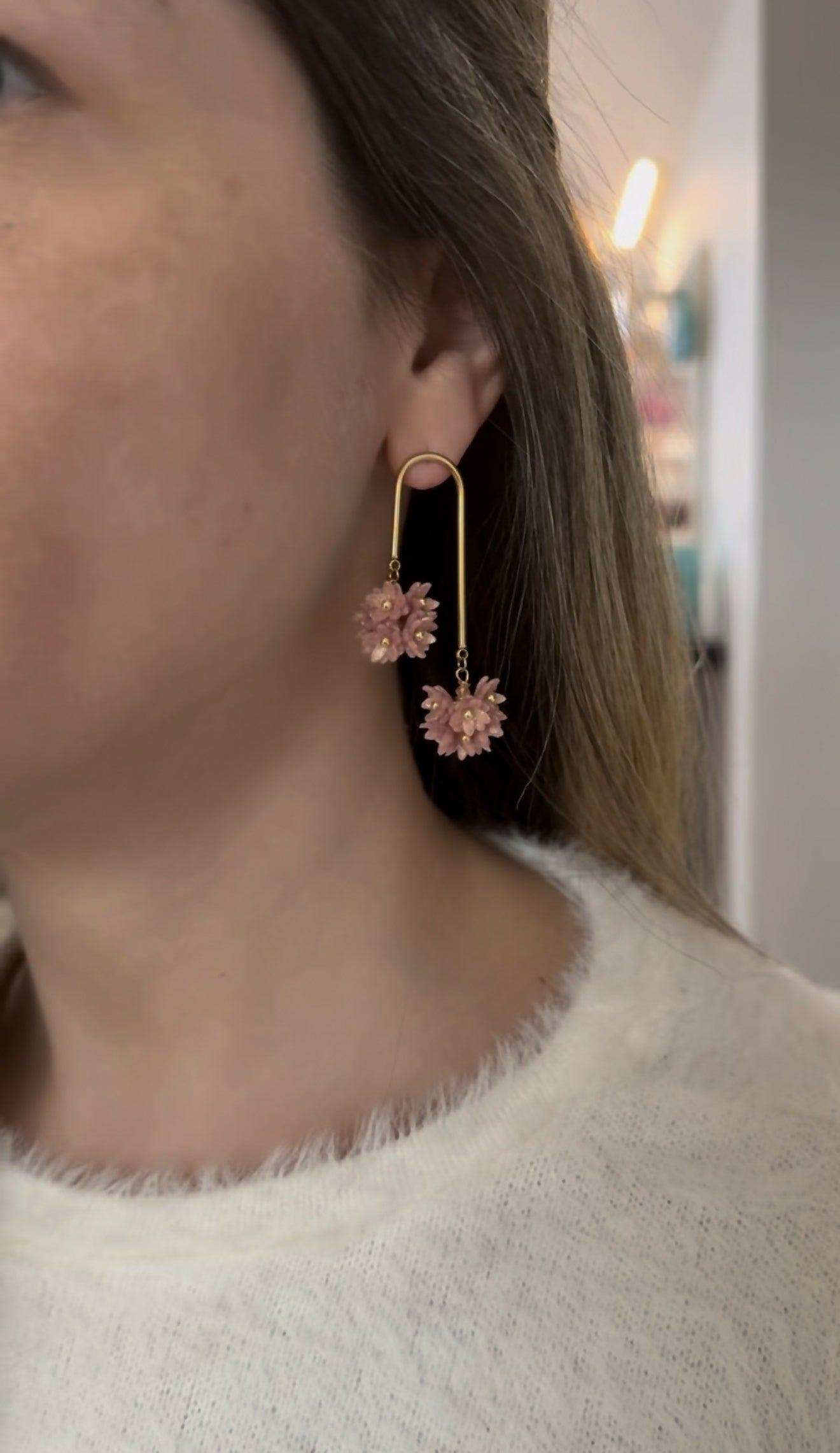 Floral Drop Earrings with Gold Arc and Flower Cluster in Blush Pink