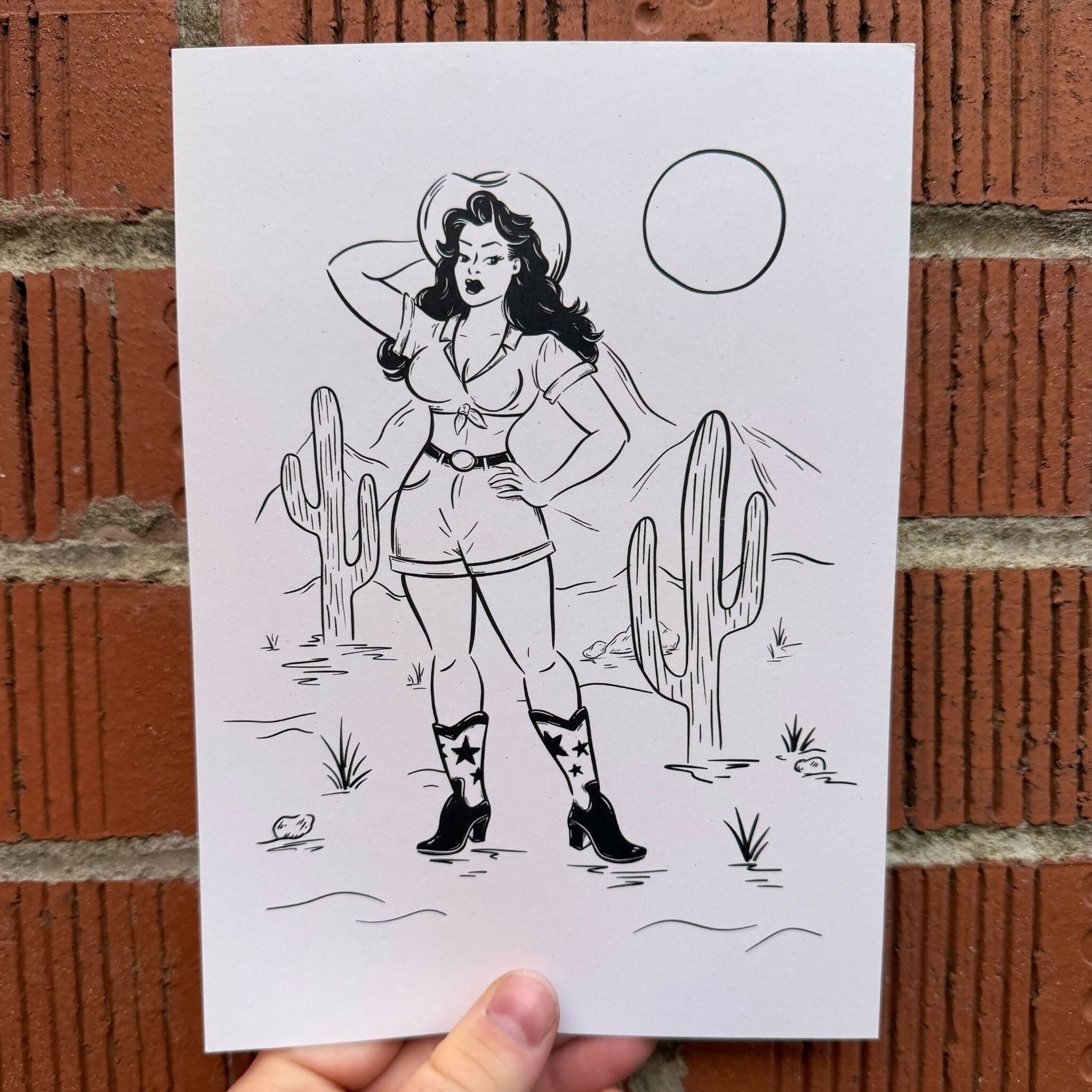 Pin-up Cowgirl - Illustrated Black and White Print