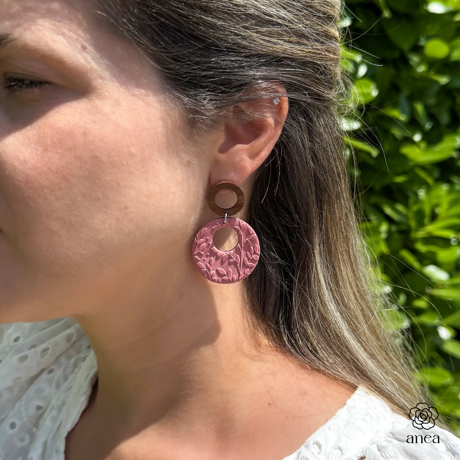 Textured Clay and Walnut Wood Drop Earrings in Storm Green