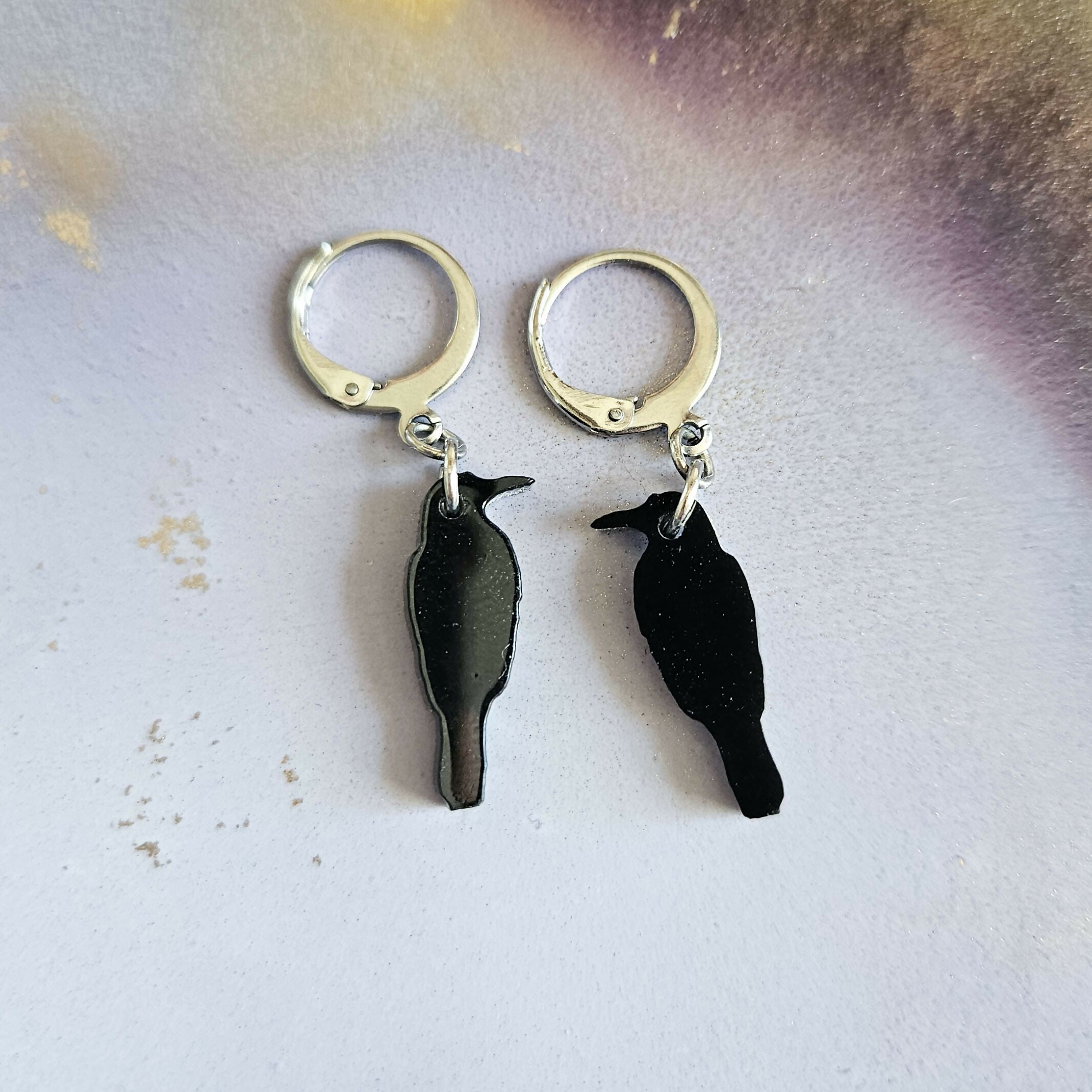 Handmade Raven Resin Charms On Huggie Hoops
