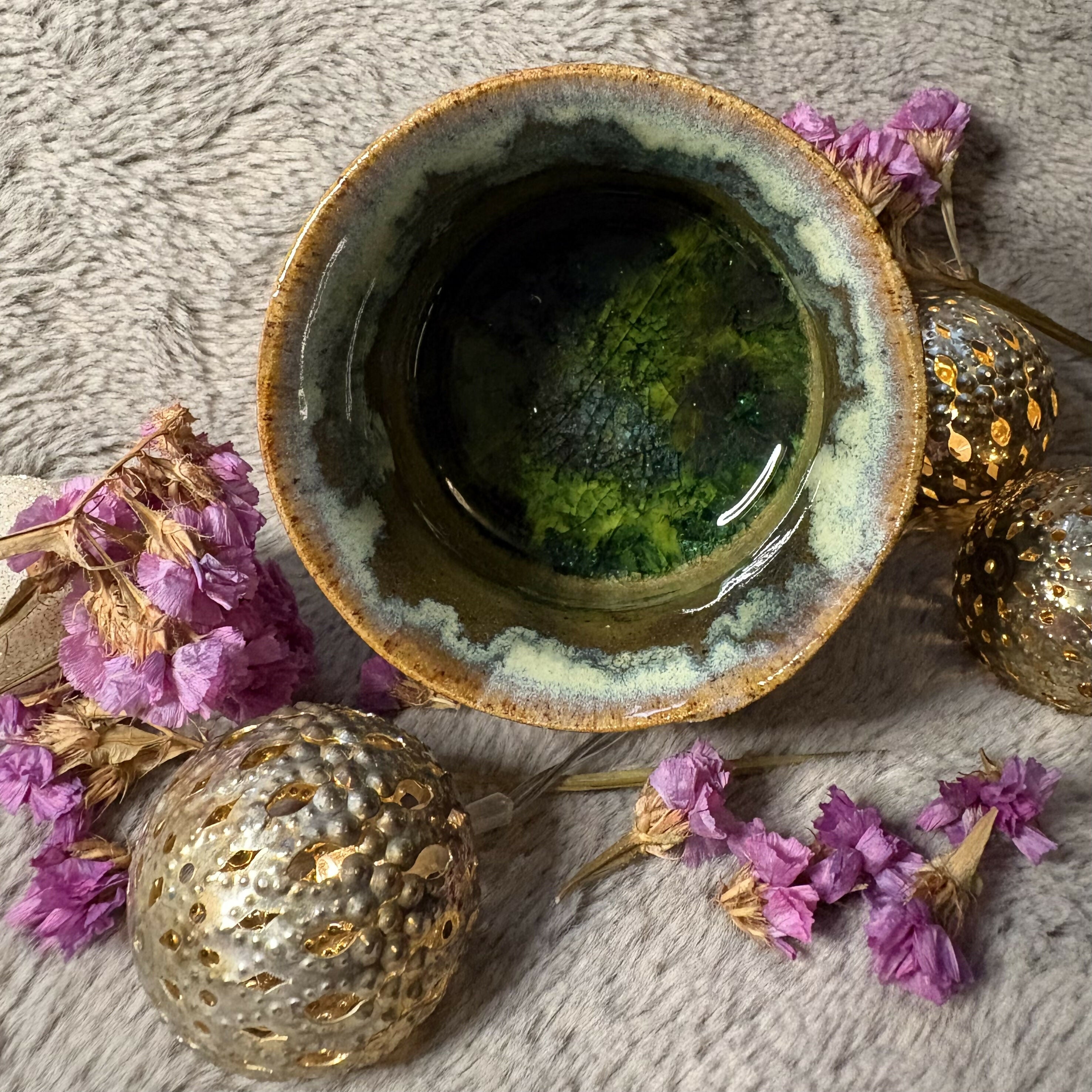 Olive Pottery and Glass Bowl