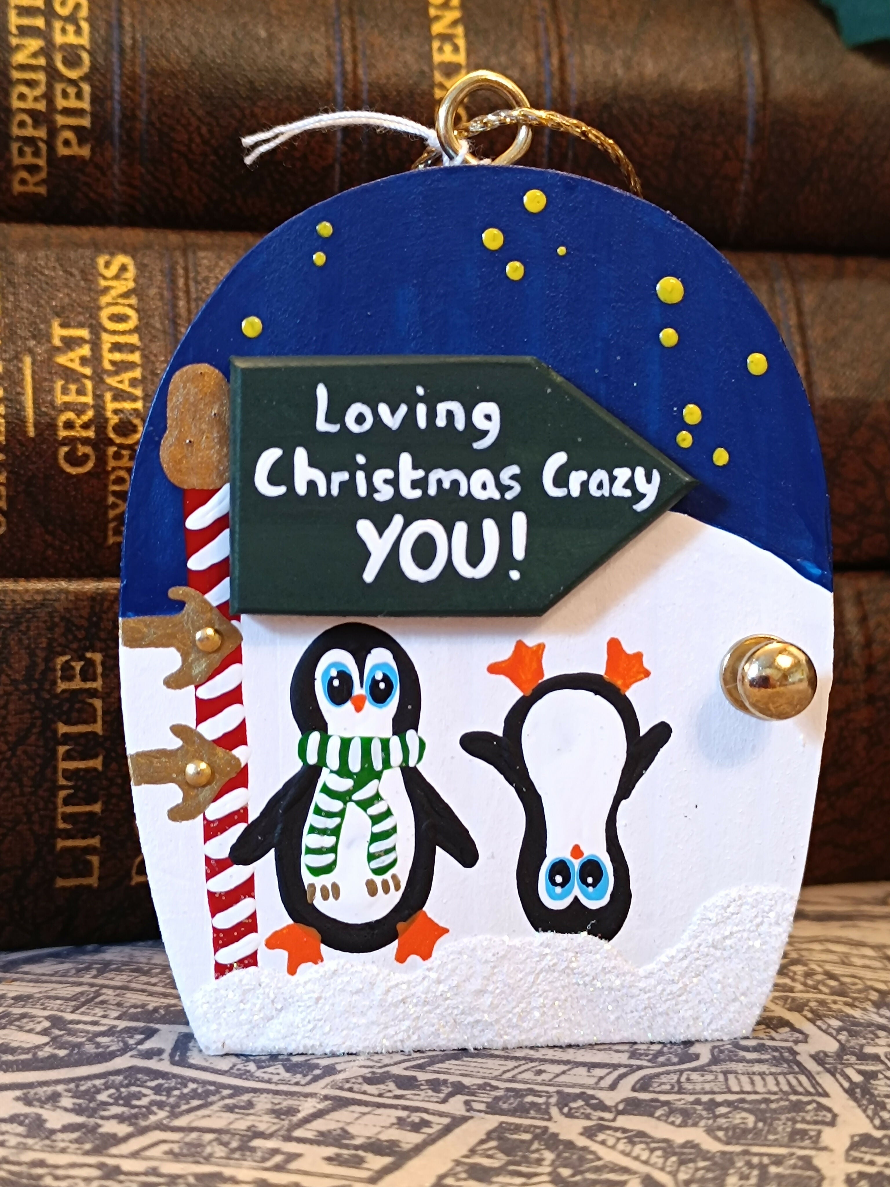 Handmade Wooden Penguin Ornament – "Loving Christmas Crazy YOU!" Funny Tree Decoration & Cute Holiday Gift