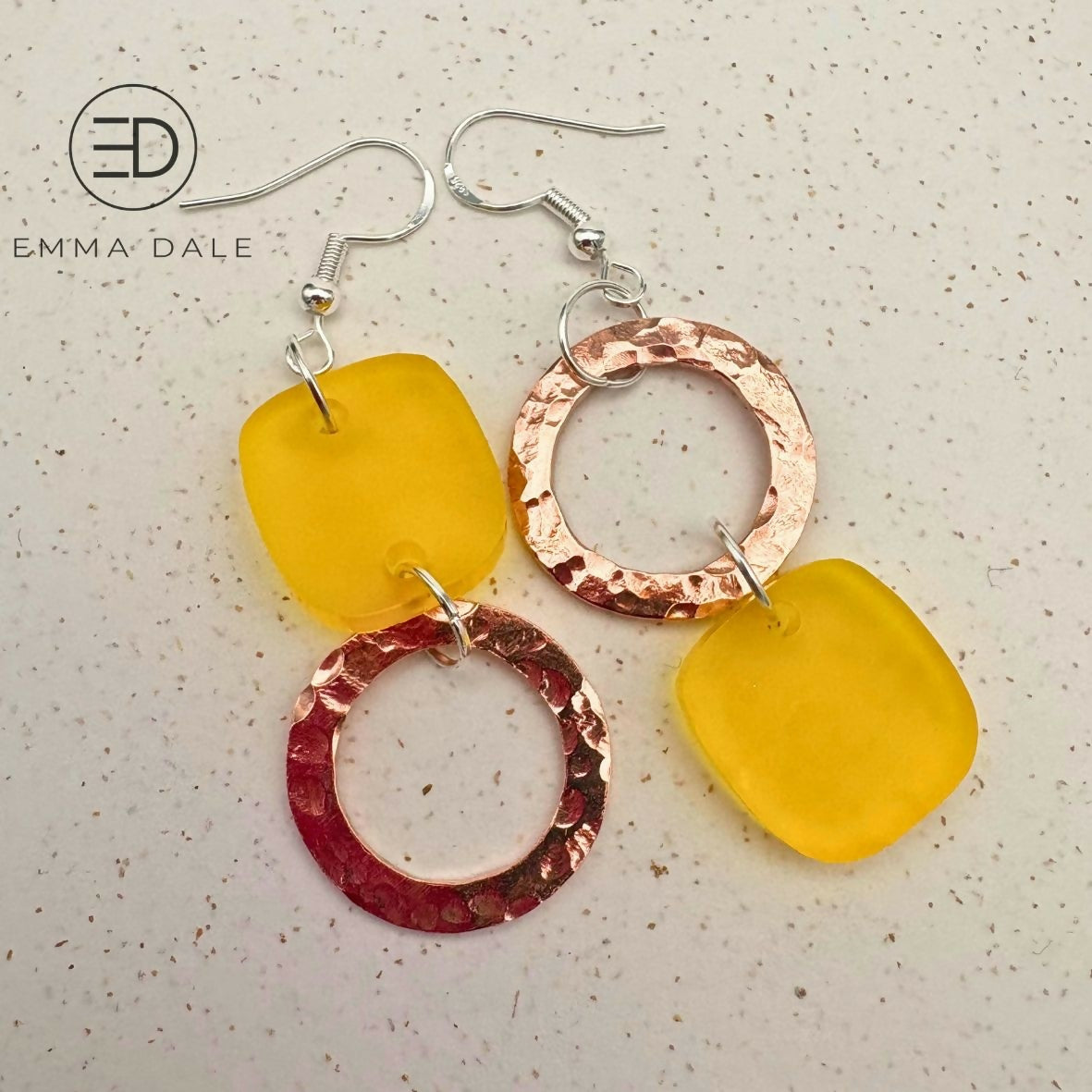 Yellow Mismatched Acrylic & Hand-Hammered Copper Earrings