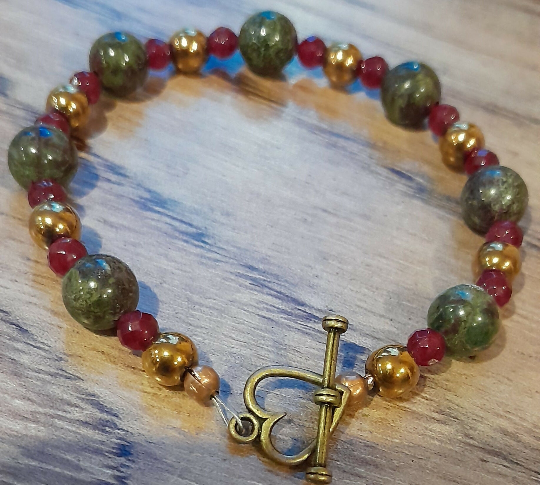 Gemstone Bracelet with Bronze Toggle Catch, Copper Hematite, Faceted Red Chalcedony and Dragon's Blood Jasper