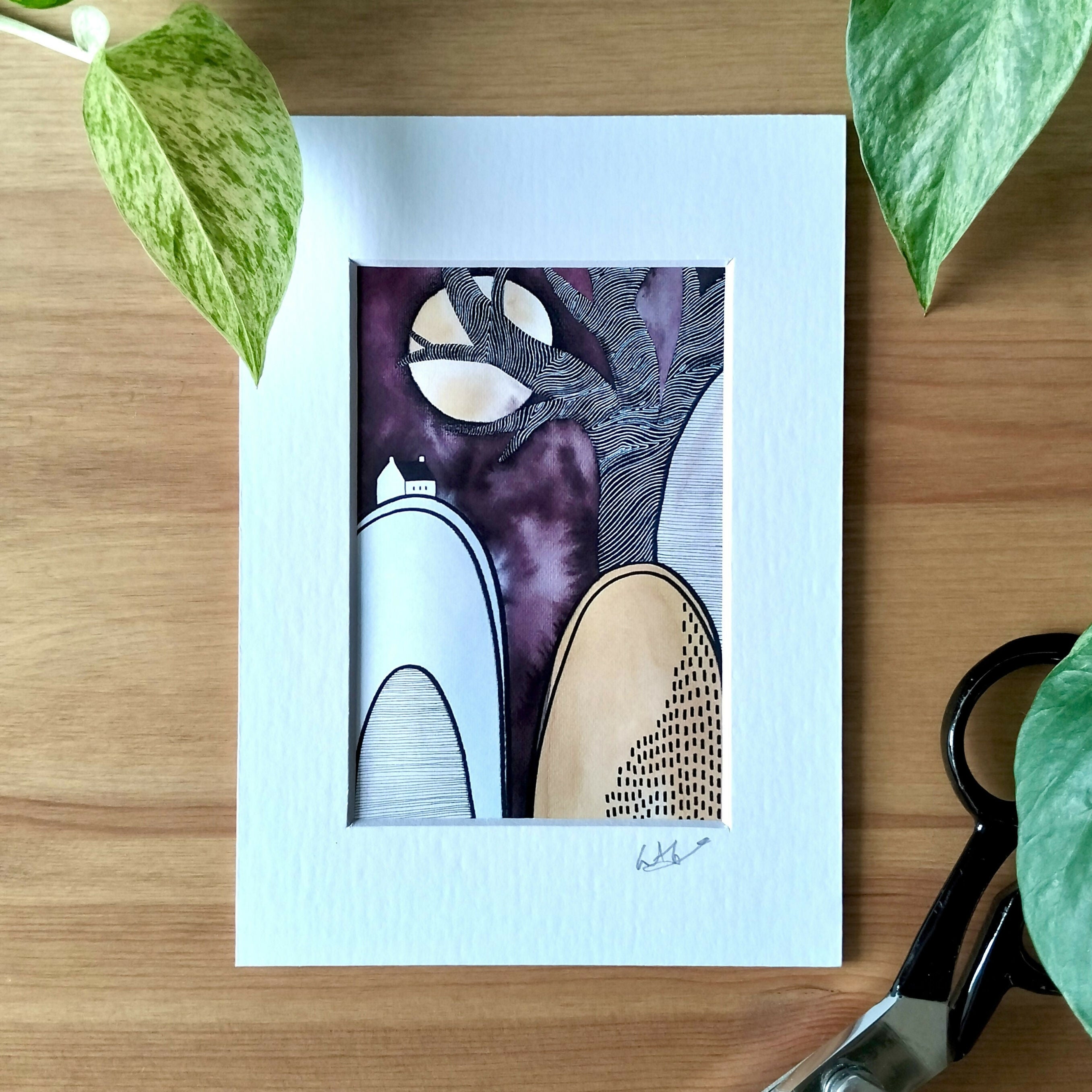 Signed Abstract Landscape Art Print | Tiny House, Full Moon